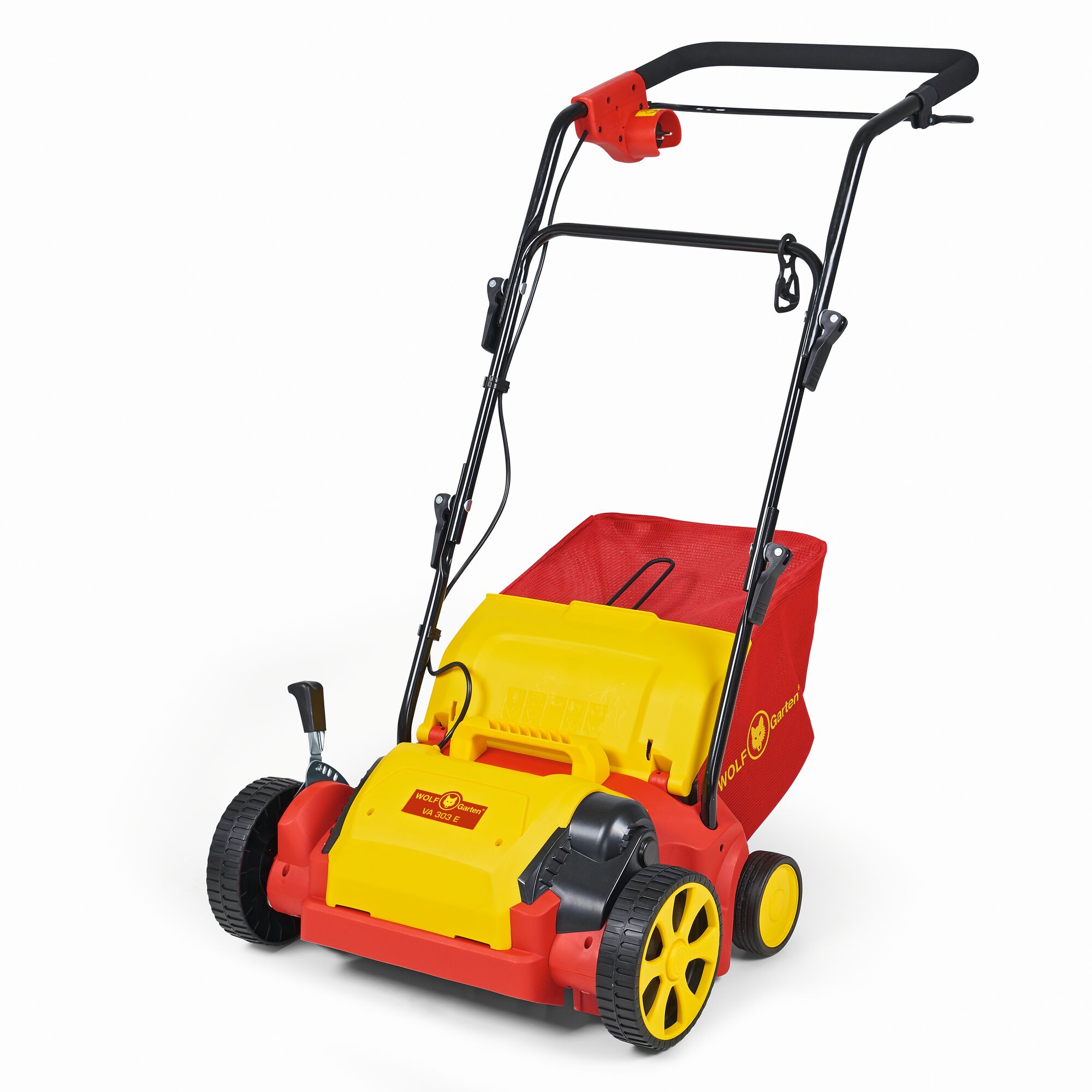 A WOLFGarten electric lawn scarifier with a yellow and red body, black handles, and four wheels. The machine features a collection bag at the rear and is designed for lawn maintenance.