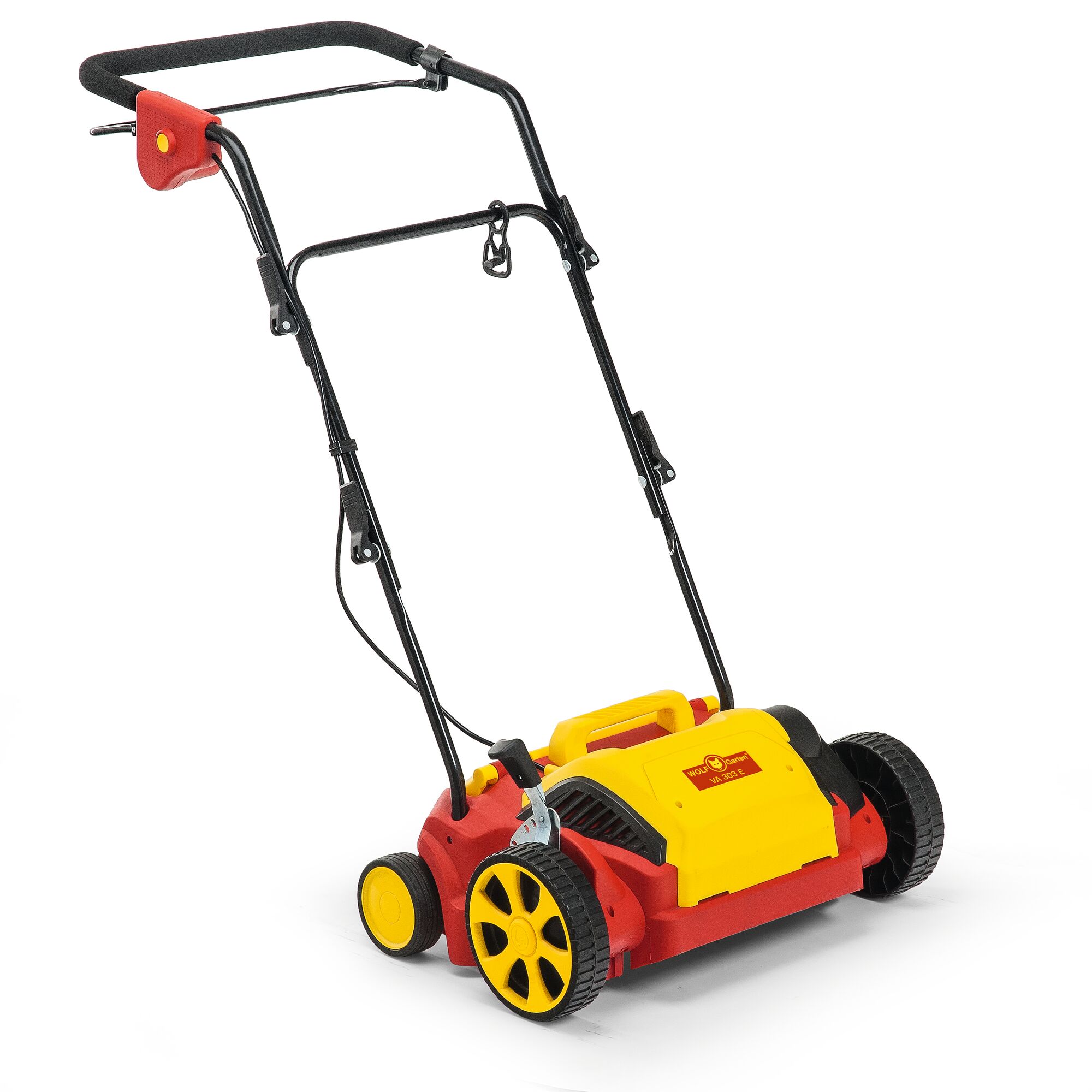 A WOLFGarten electric lawn scarifier with a red and yellow body, black and yellow wheels, and a black handlebar, shown on a white background.