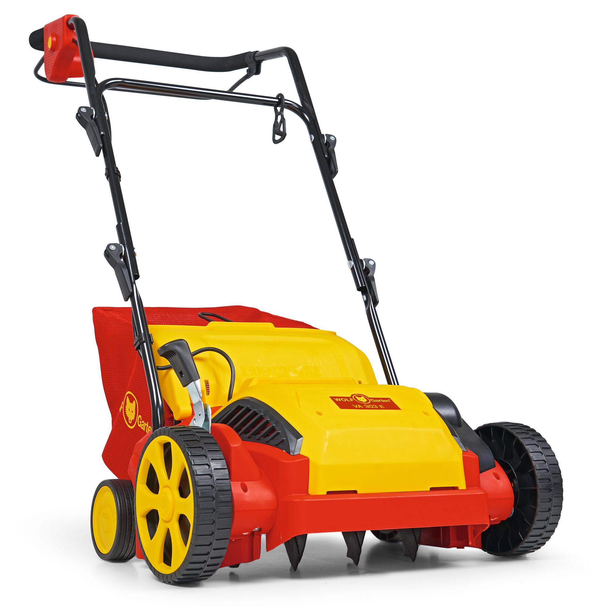 A yellow and red electric lawn scarifier with a black handle and wheels, designed for removing moss and thatch from lawns. The machine has a collection bag at the back and is branded with the WOLFGarten logo.