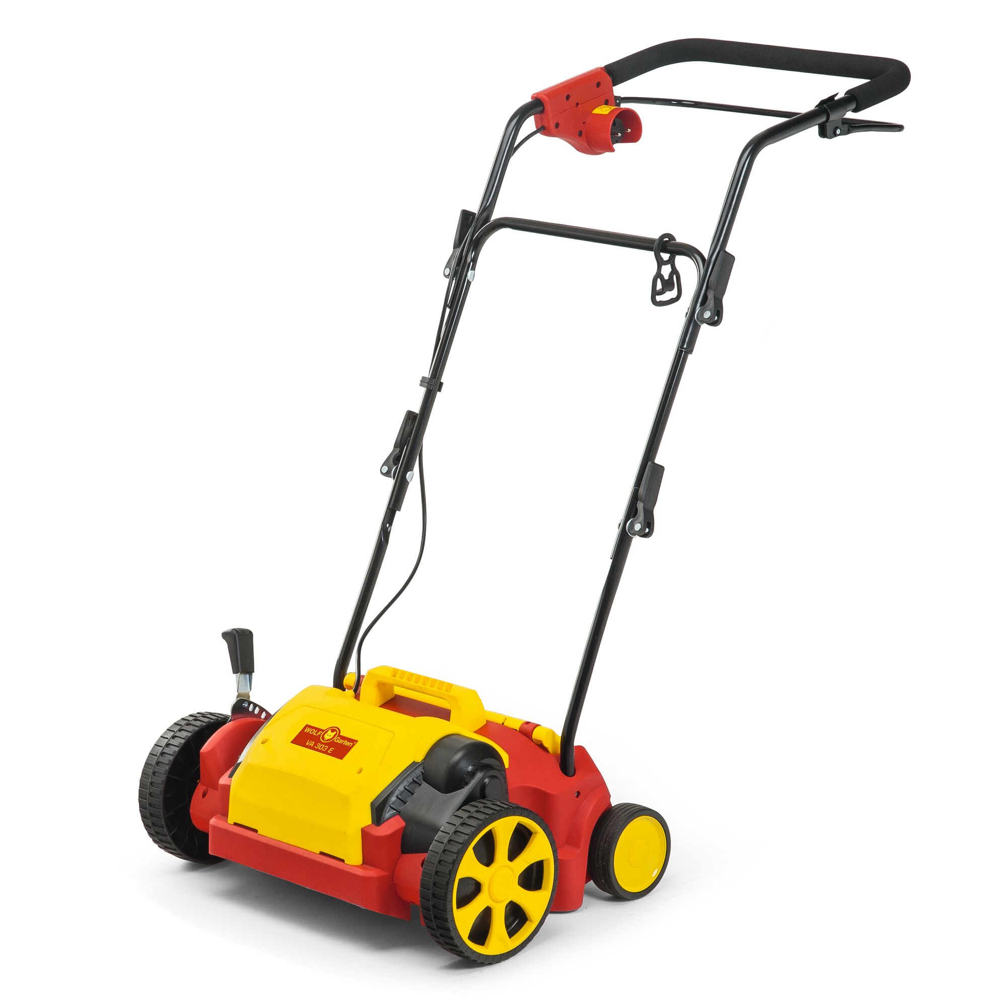 A WOLFGarten electric lawn scarifier with a yellow and red body, black handle, and large yellow wheels designed for removing moss and thatch from lawns.