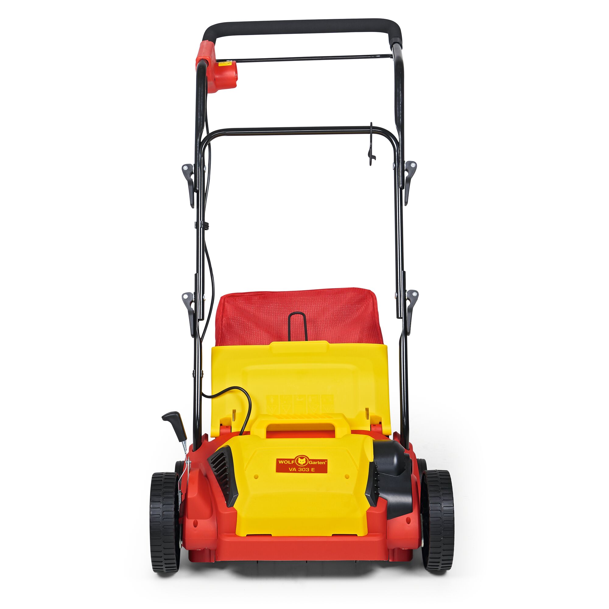 Front view of a WOLFGarten VA 203 E electric lawn scarifier in yellow and red with a black handle and a red collection bag, designed for lawn maintenance.