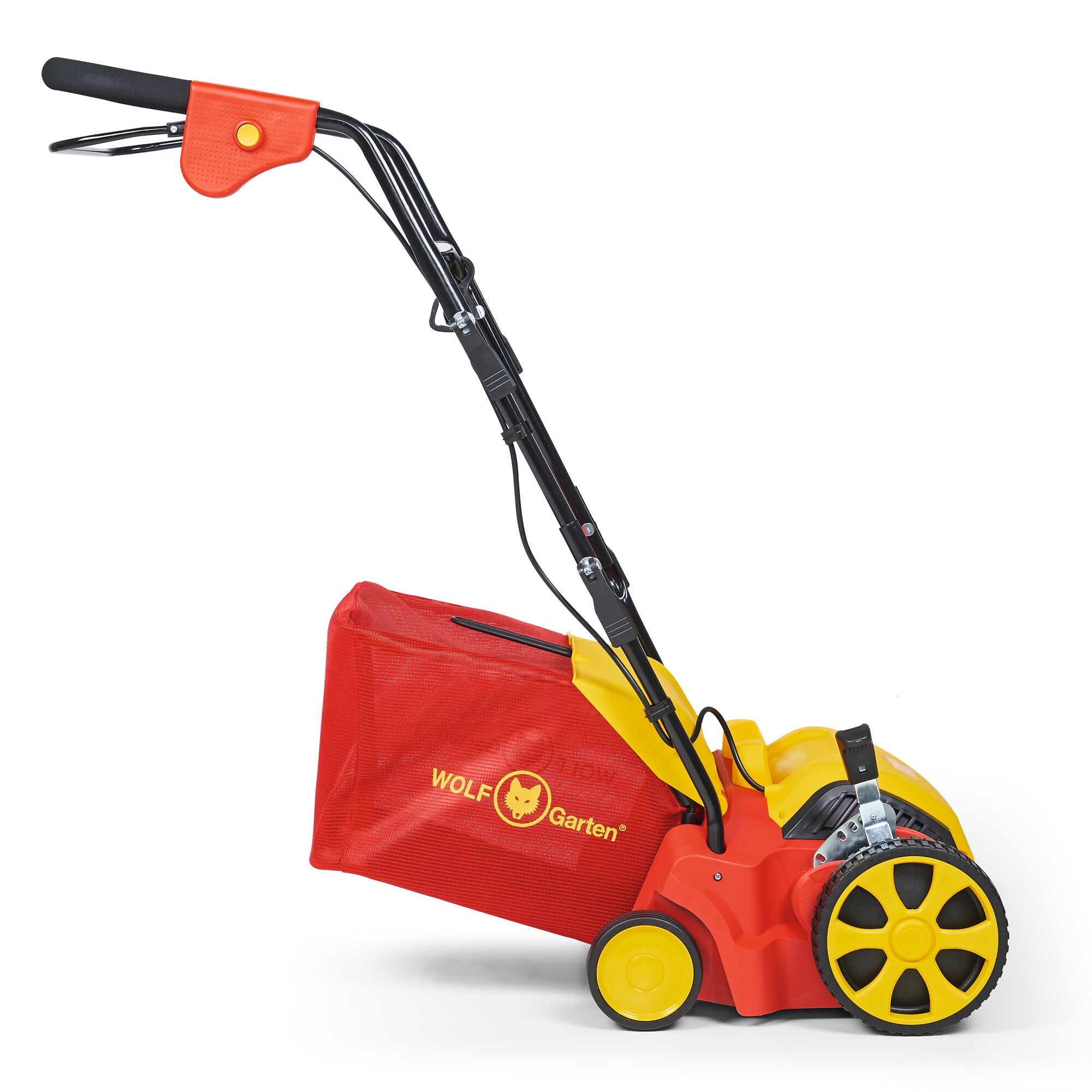Side view of a WOLFGarten lawn mower with a red and yellow body, black handle, and an attached red grass collection bag.