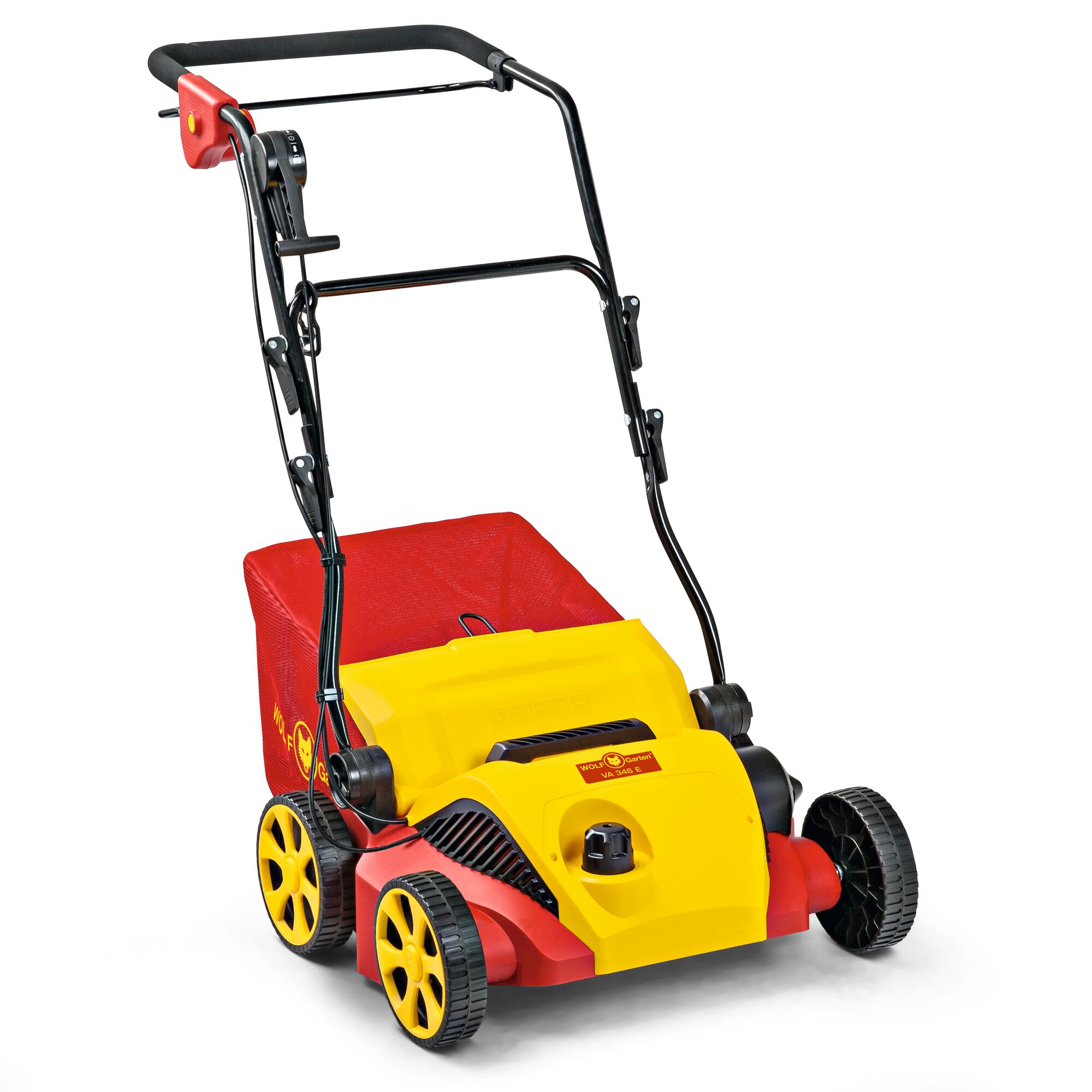 A WOLFGarten electric lawn scarifier with a yellow and red body, four wheels, a handlebar, and a red grass catcher basket, designed for removing moss and dead grass from lawns.