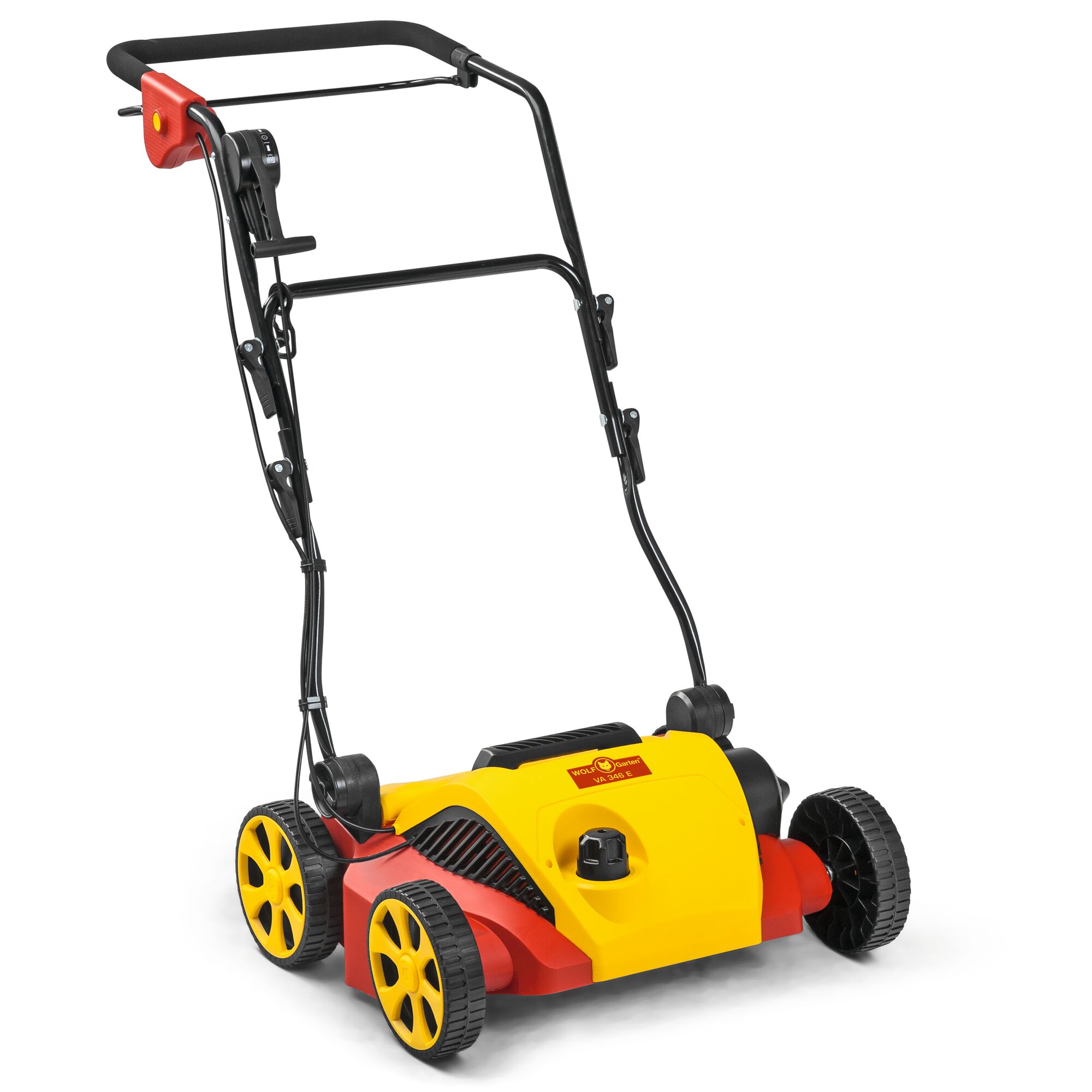 A yellow and red electric lawn scarifier with four wheels, a black handle, and the WOLFGarten logo on the front.