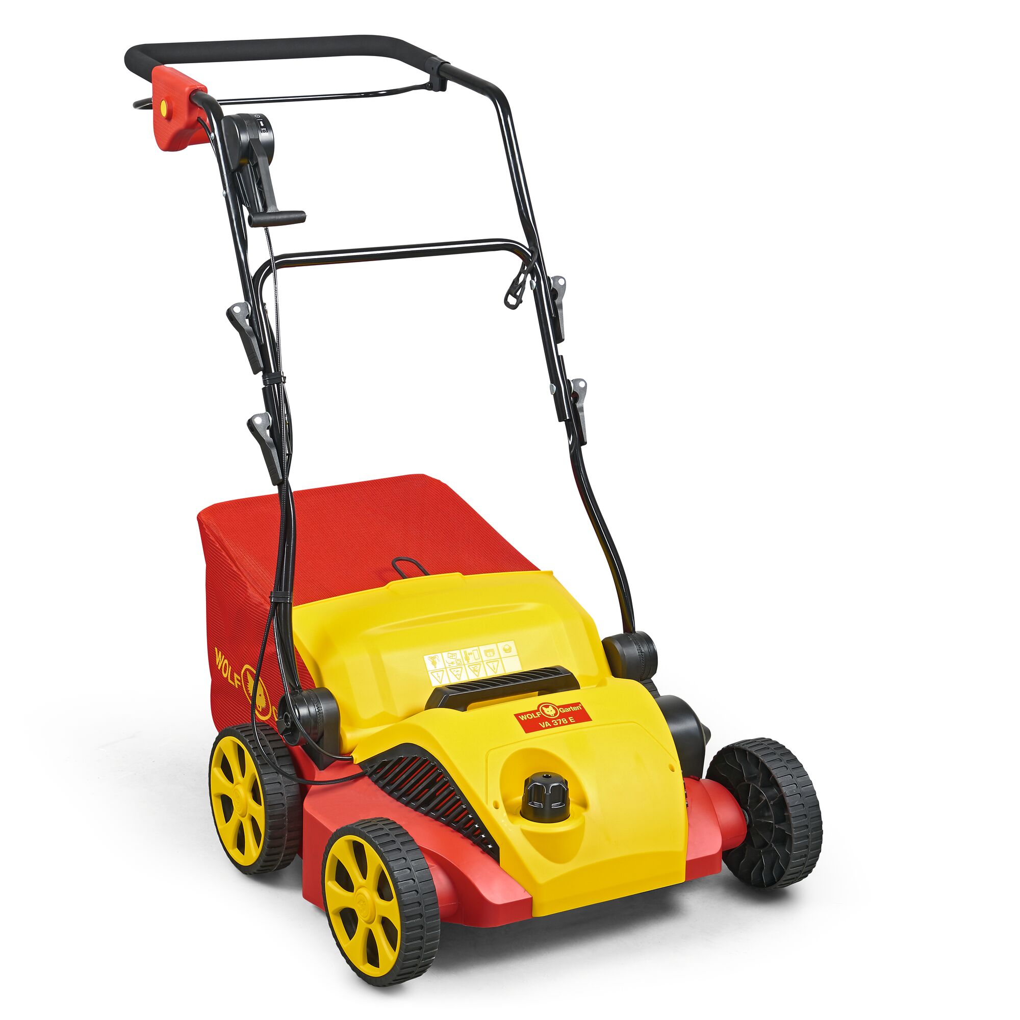 A yellow and red WOLFGarten electric lawn scarifier with four black and yellow wheels, a black handlebar, and a red grass collector at the back, designed for gardening and lawn care.