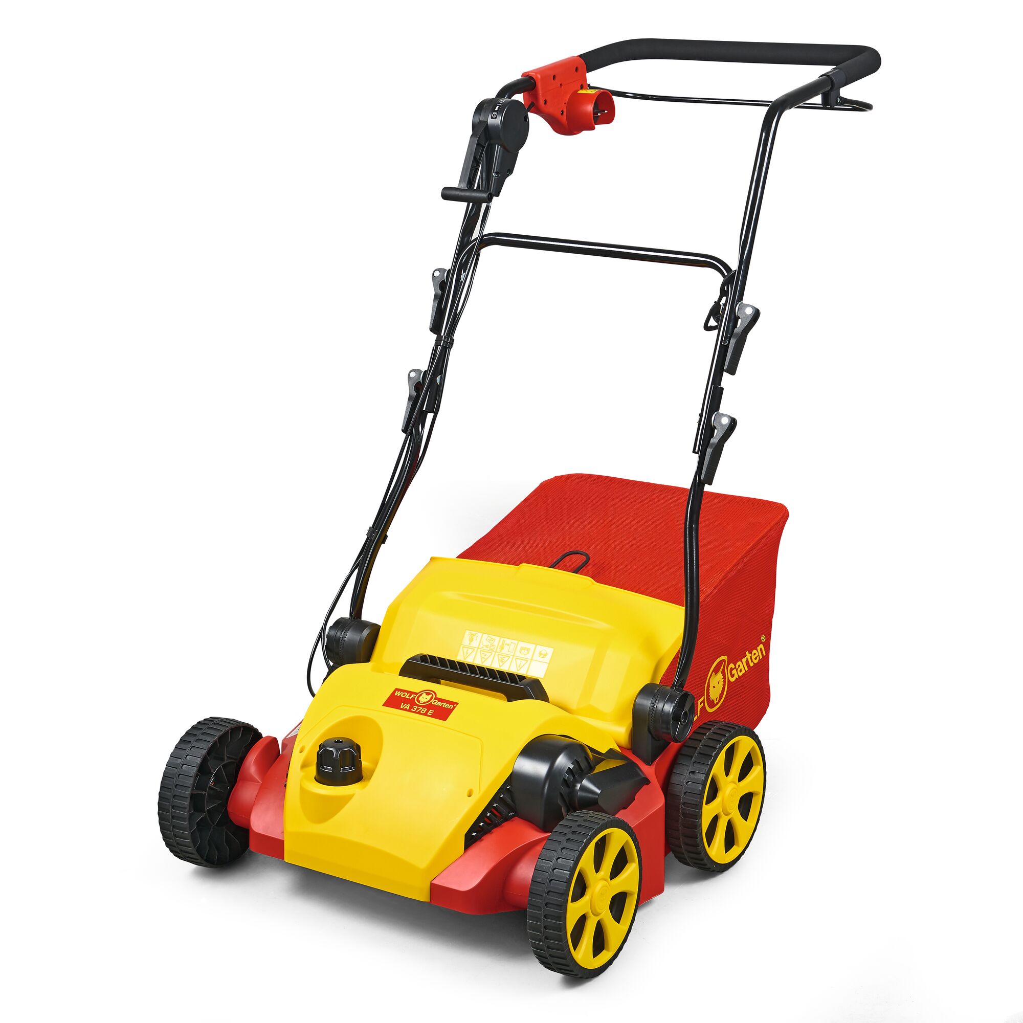 A WOLFGarten electric lawn scarifier with a yellow and red body, black handle, and four wheels, designed for removing moss and thatch from lawns.