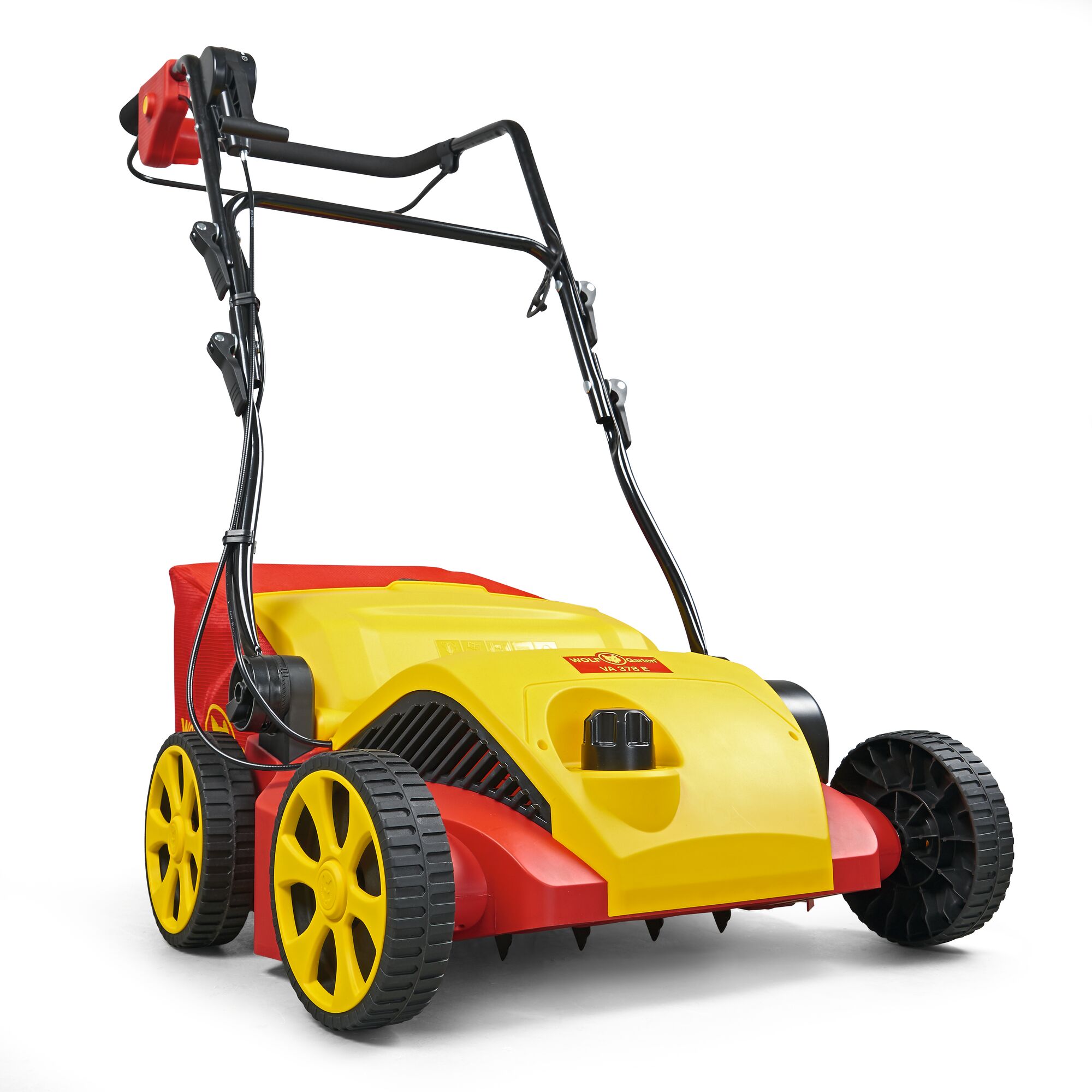 A yellow and red electric lawn scarifier with a black handlebar and four large wheels, designed for garden lawn maintenance. The device has the WOLF-Garten branding visible on the front.