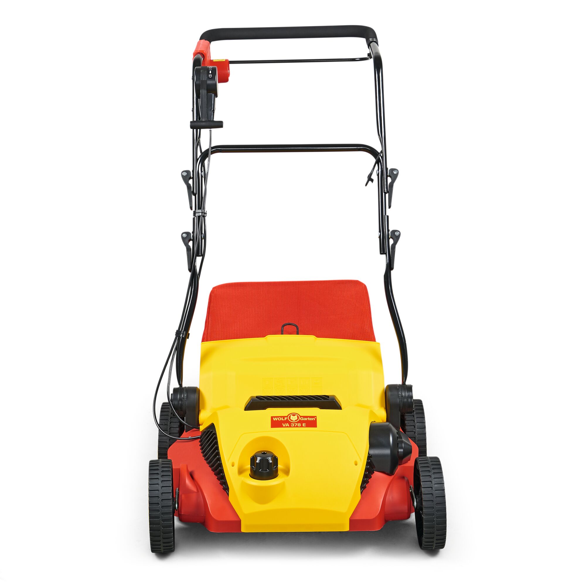 Front view of a WOLF-Garten electric lawn scarifier with a yellow and red body, four black wheels, and a handlebar.