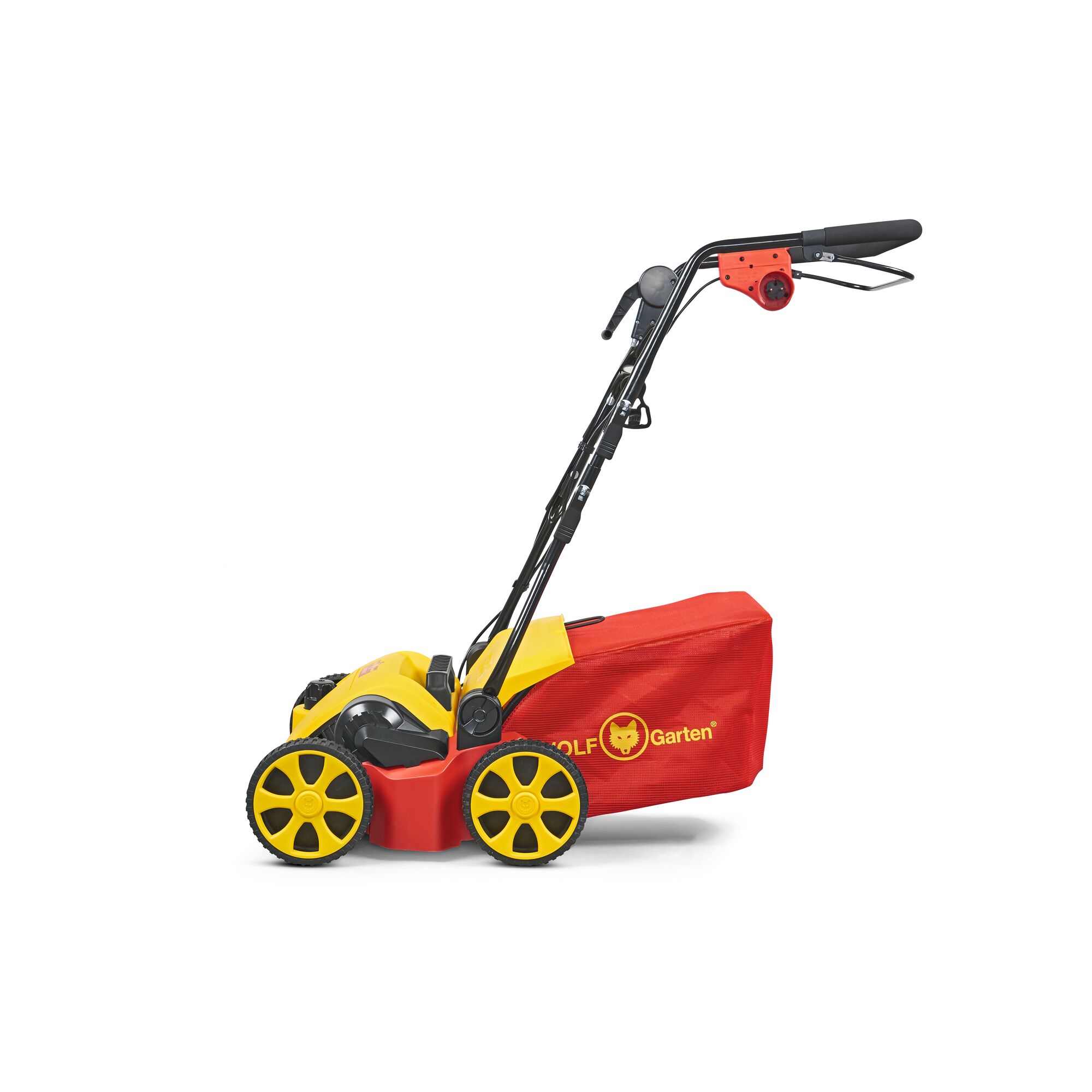 A WOLFGarten lawn mower with a yellow and red design. The mower features large yellow wheels and a red grass collection bag attached at the back.