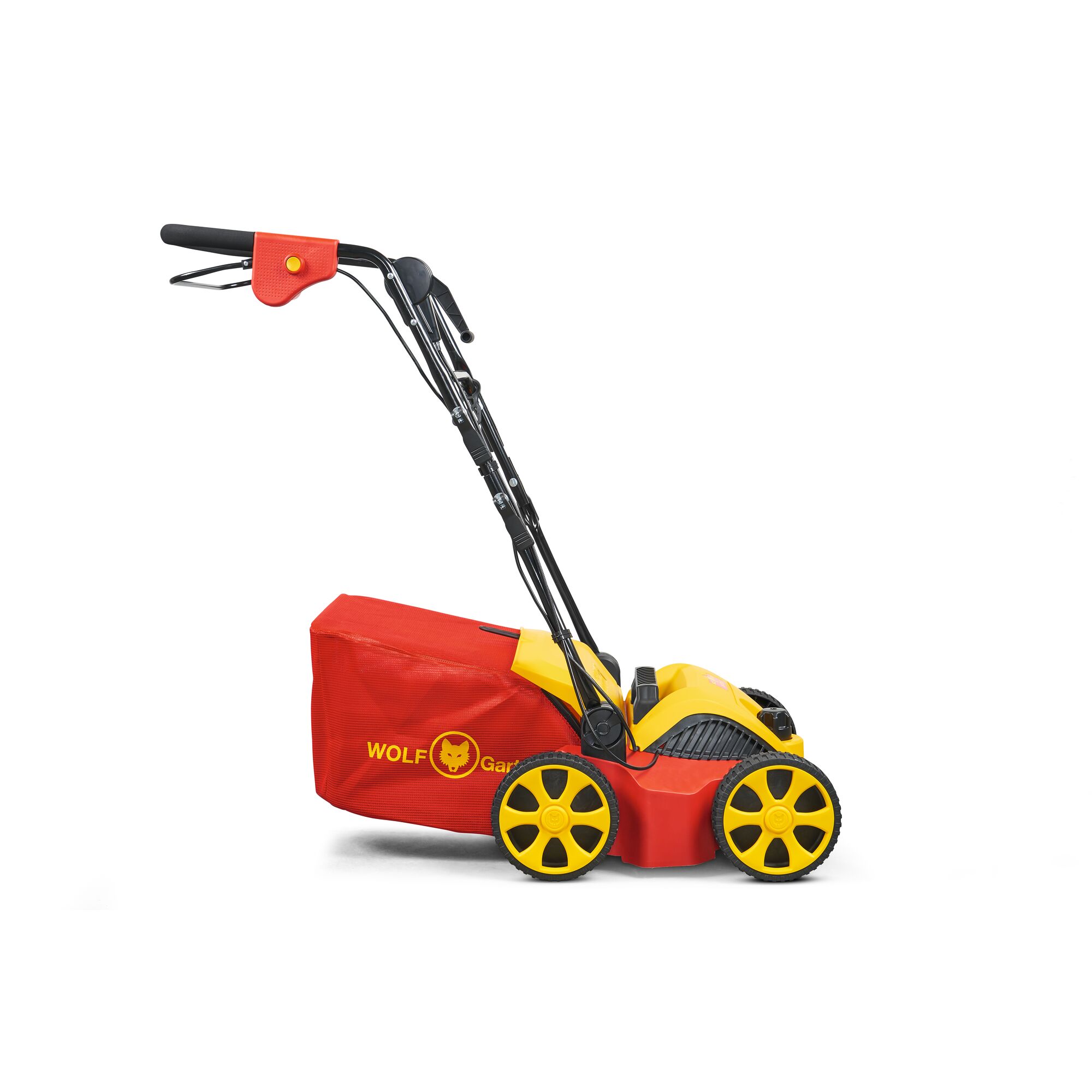 A WOLFGarten lawn mower with a red and yellow design, featuring a grass collection bag and sturdy wheels, displayed on a white background.