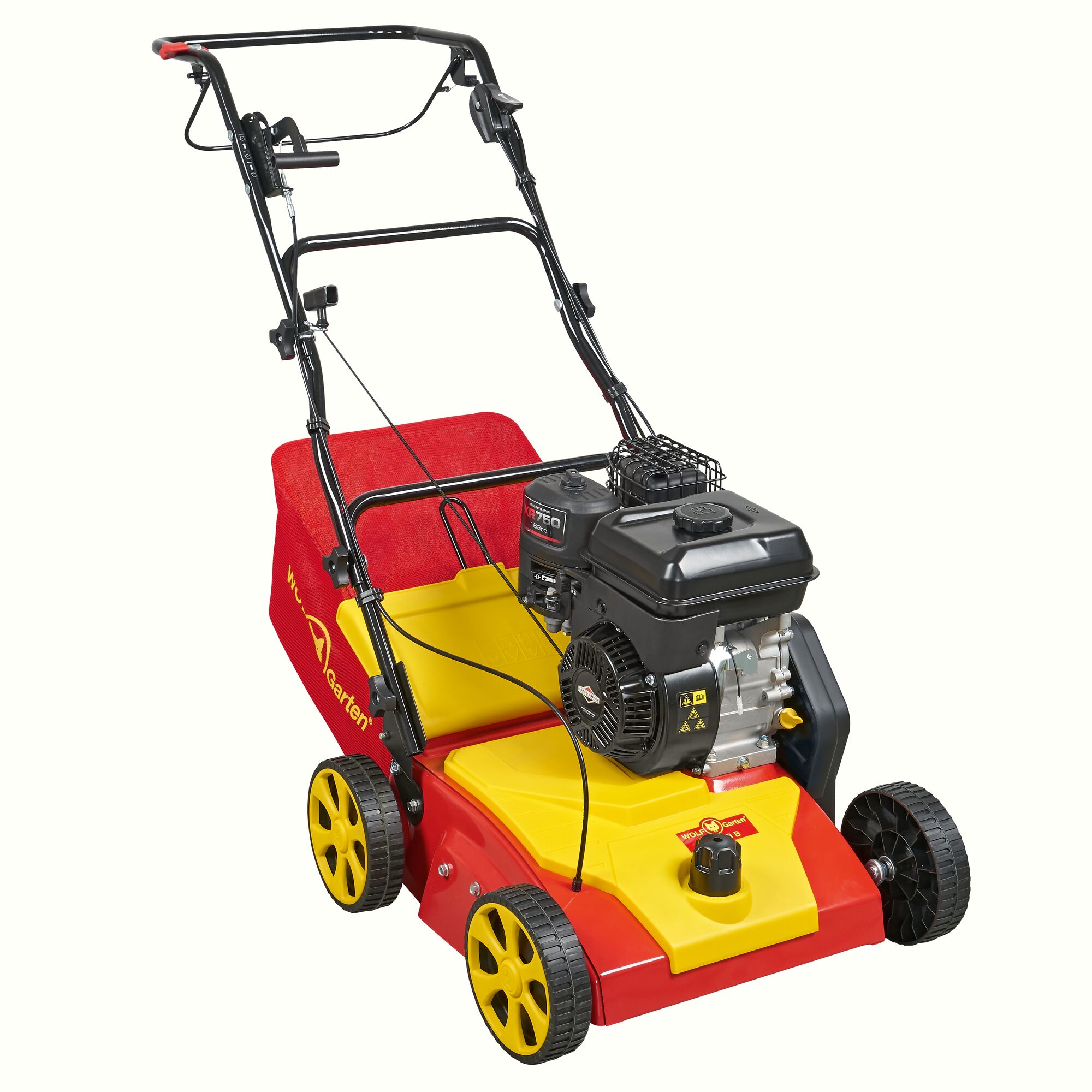 A WOLFGarten lawn scarifier with a petrol engine, featuring a bright red and yellow body, four wheels, a black handle, and a grass collection bag at the rear.