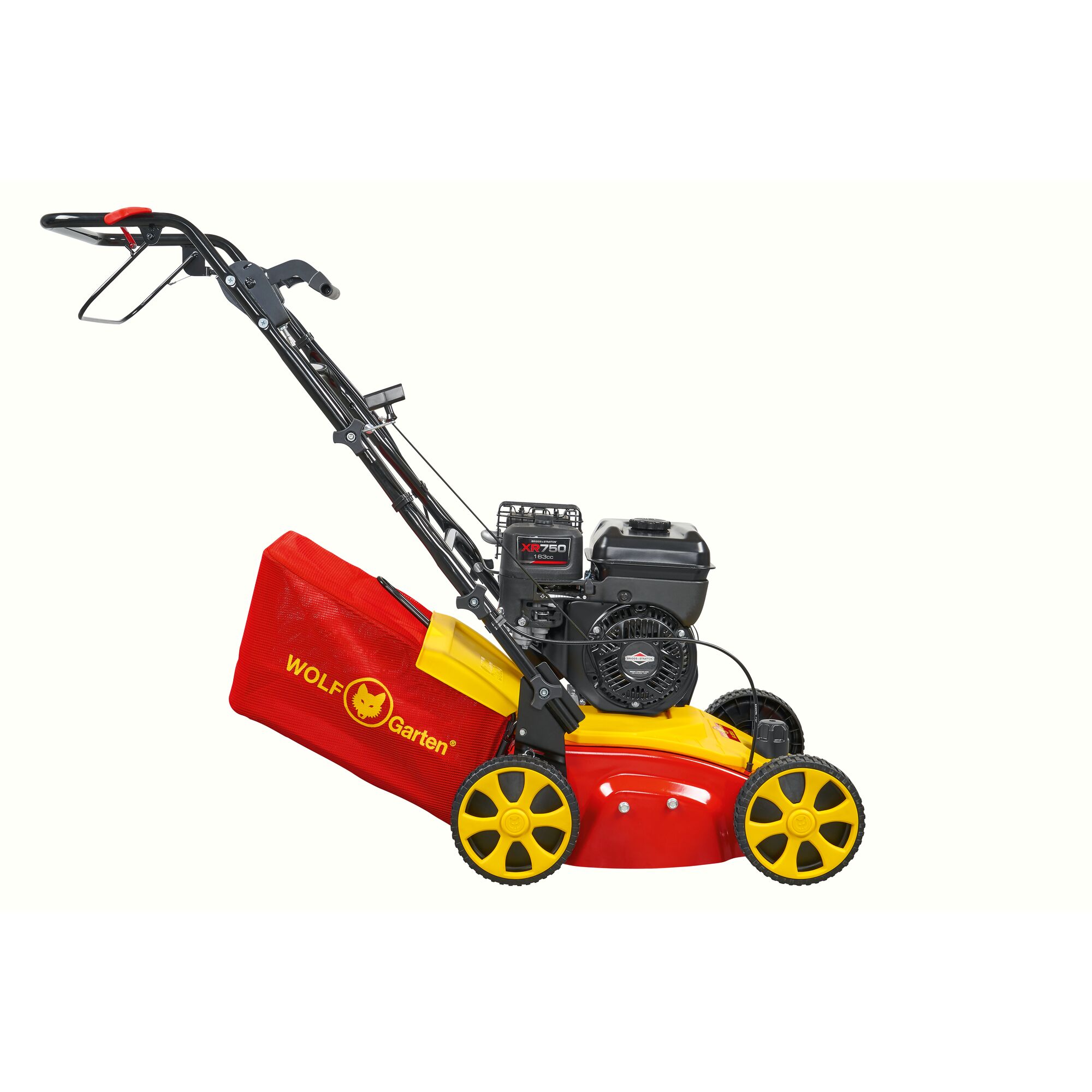 Side view of a WOLFGarten lawn mower with yellow wheels, a red and yellow body, black handle, and a red grass collection bag attached.