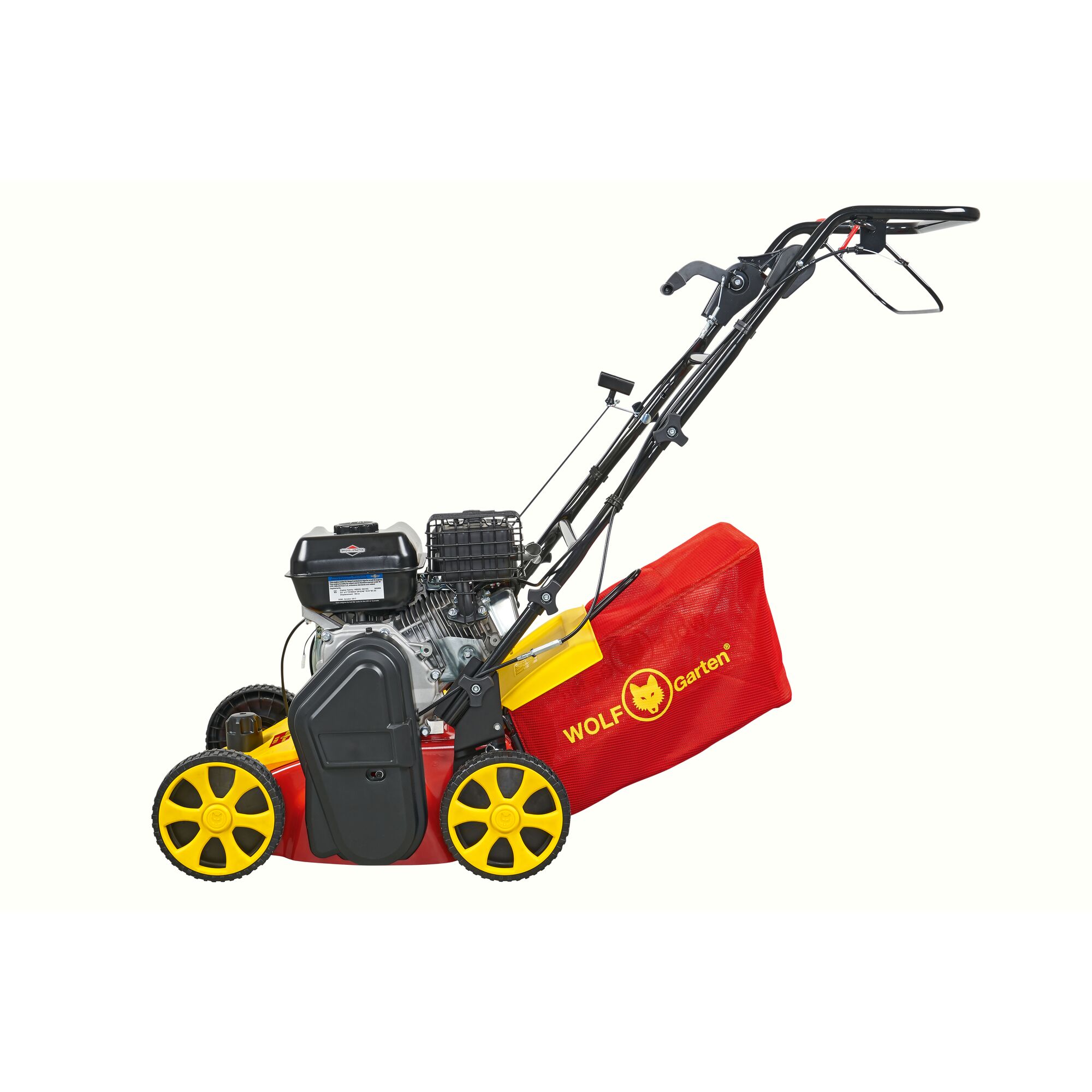 A WOLF-Garten lawn mower with a red and yellow design, featuring large yellow wheels and a red grass collection bag.