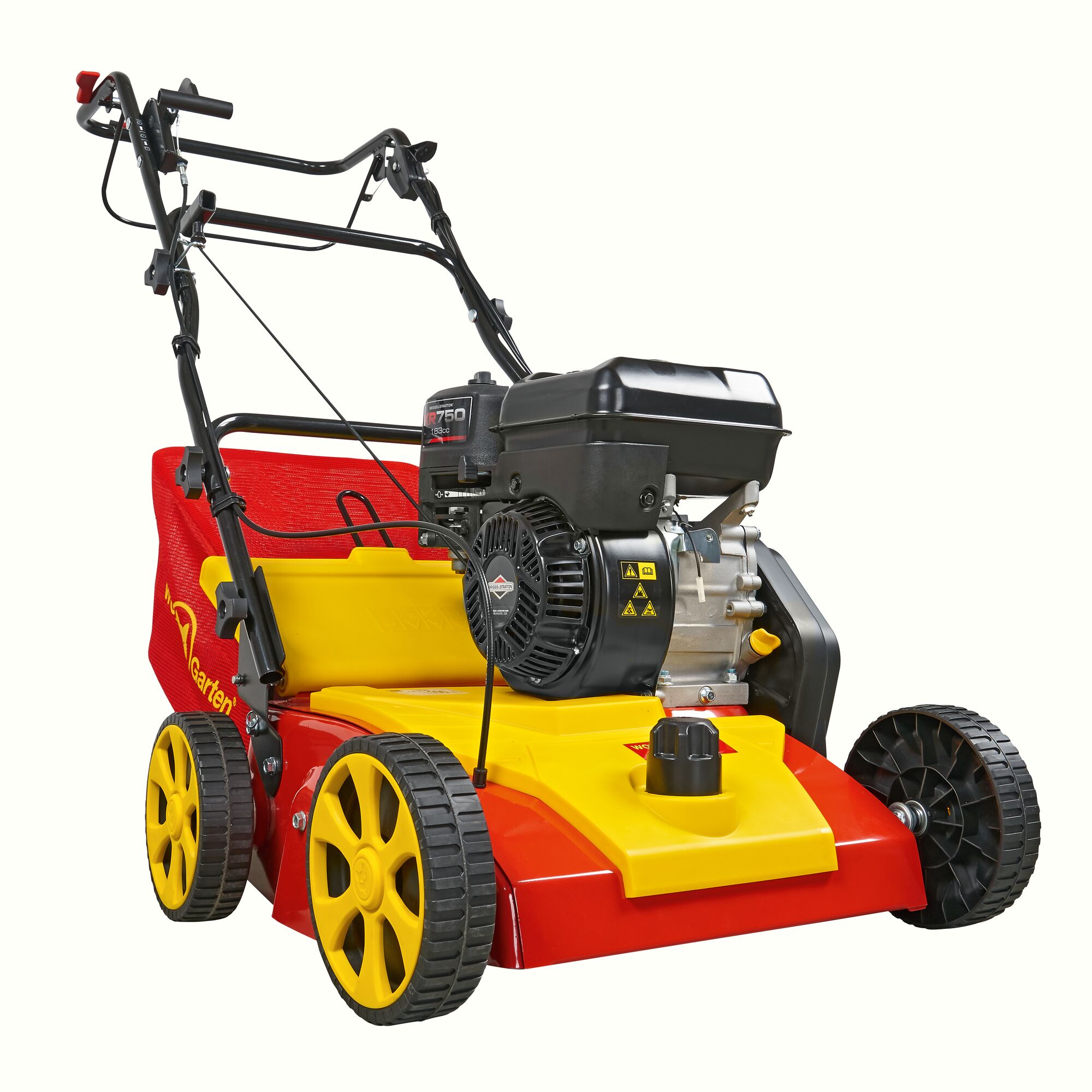 A WOLFGarten lawn scarifier with a gasoline engine, featuring yellow wheels and a red and yellow body. The machine has a grass collection bag attached at the rear.