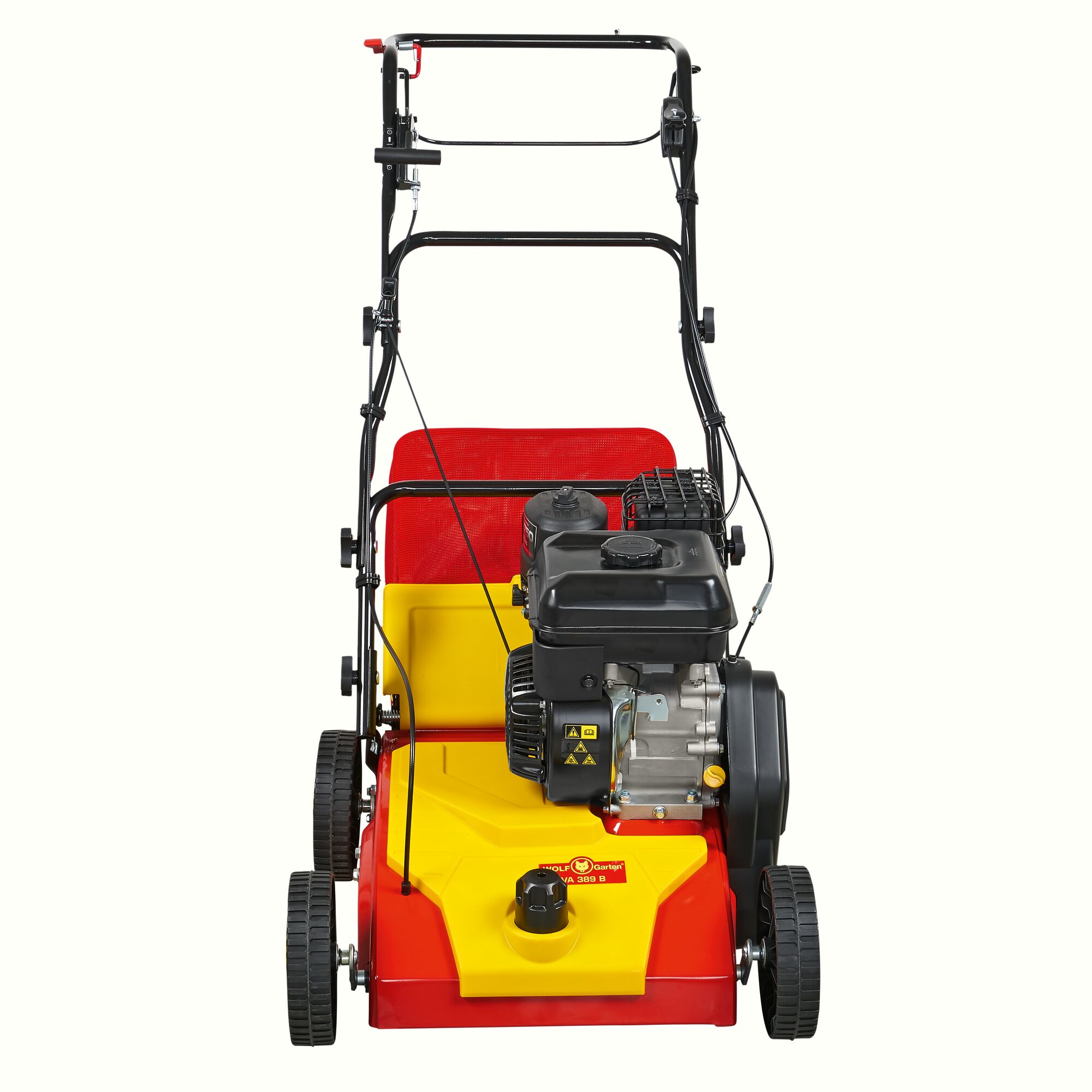 Front view of a WOLF-Garten lawn scarifier with a red and yellow body, black engine, and four wheels.