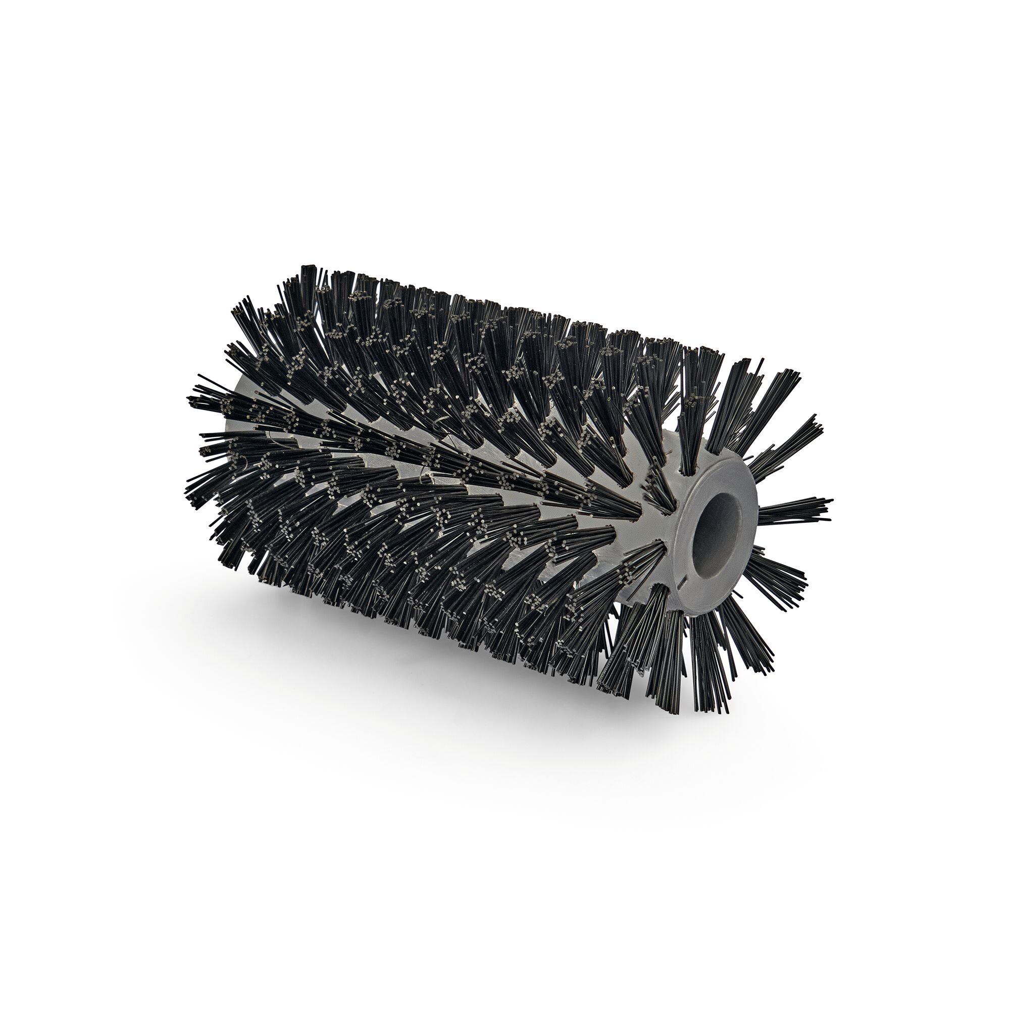 A cylindrical brush attachment with dense black bristles and a hollow core, typically used for cleaning surfaces or sweeping debris.