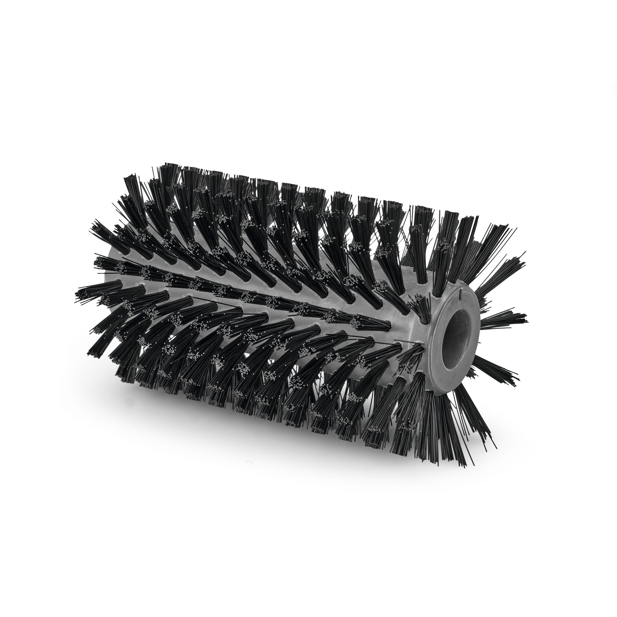 A cylindrical brush roller with black bristles, designed for use in cleaning or sweeping machines, shown on a white background.