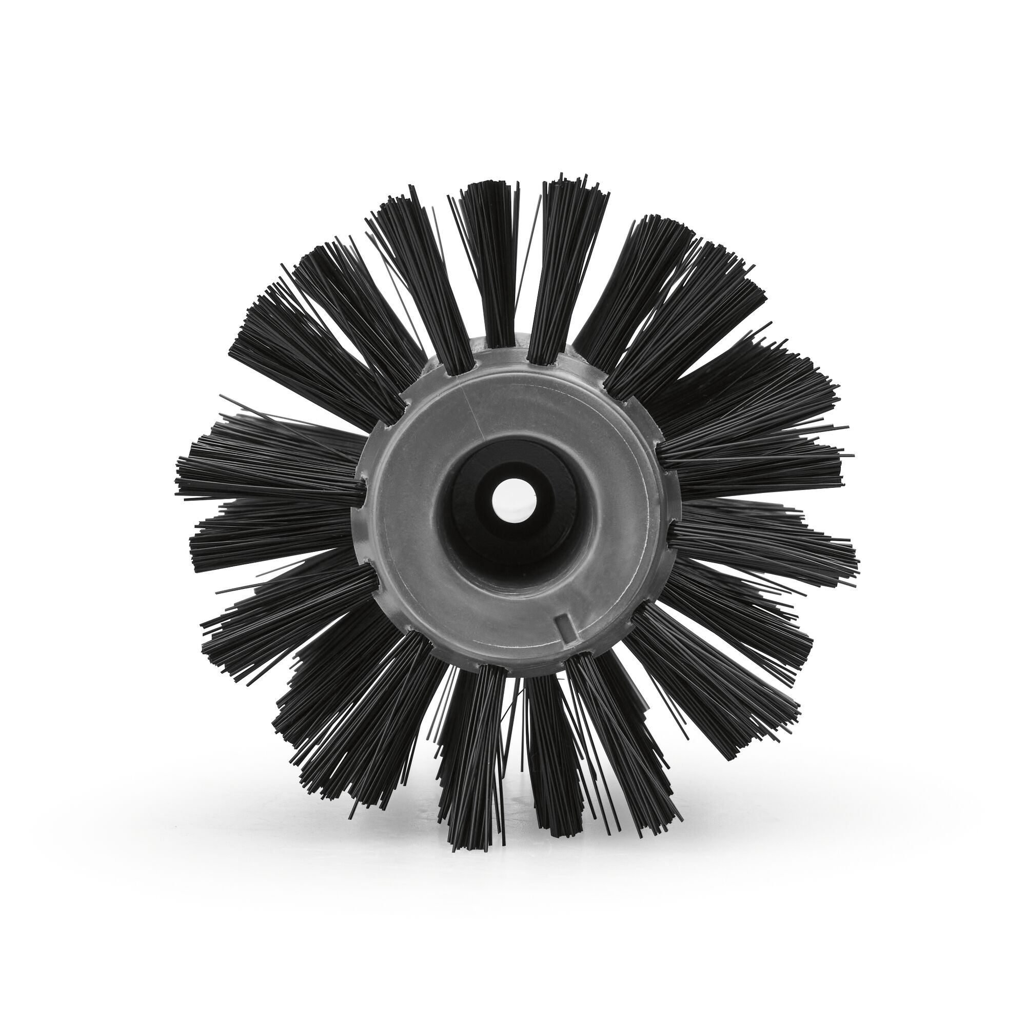 Front view of a round industrial brush attachment with stiff black bristles and a central metal hub, used for cleaning or sweeping.