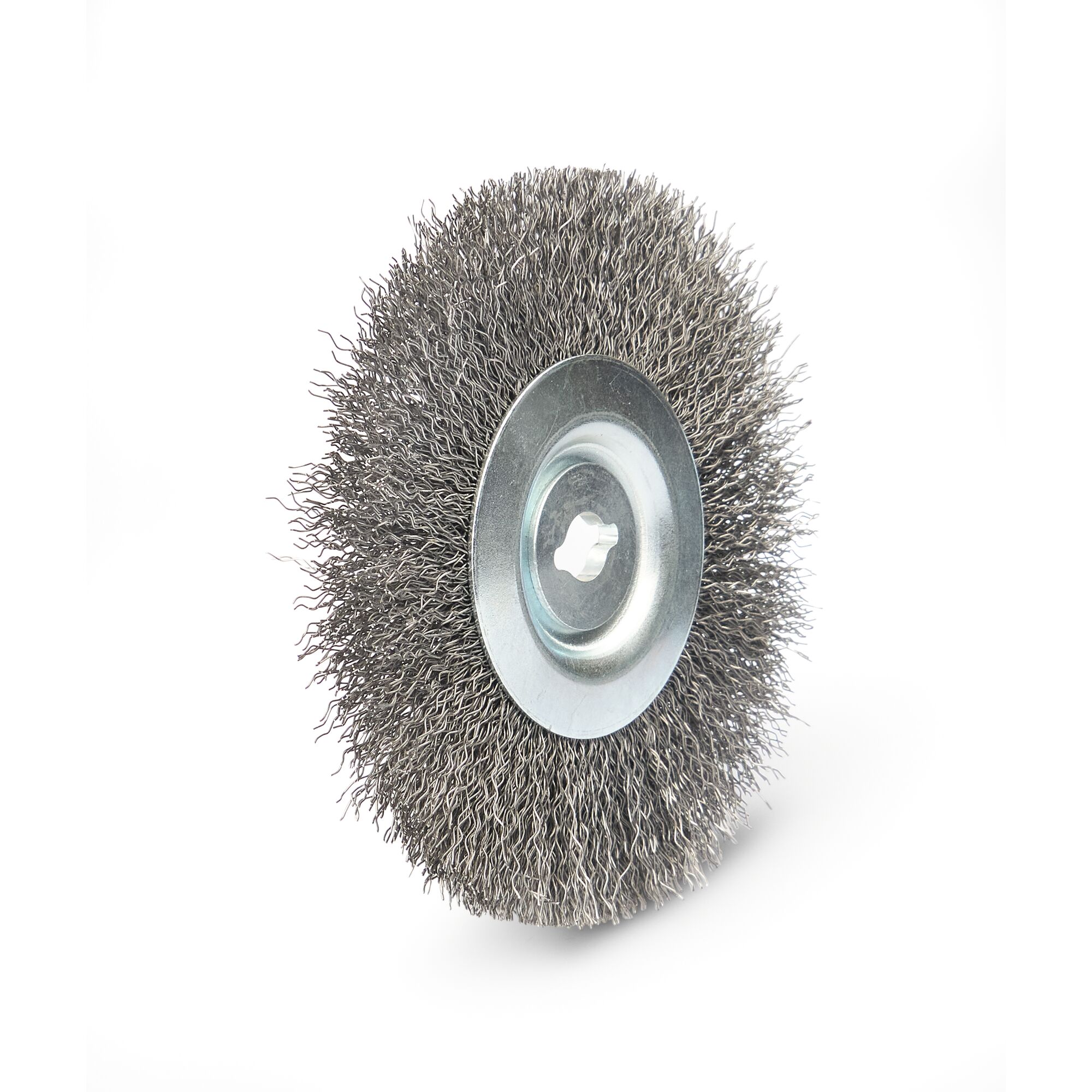 A close-up image of a round wire brush wheel with metal bristles and a central mounting hole, set against a plain white background.
