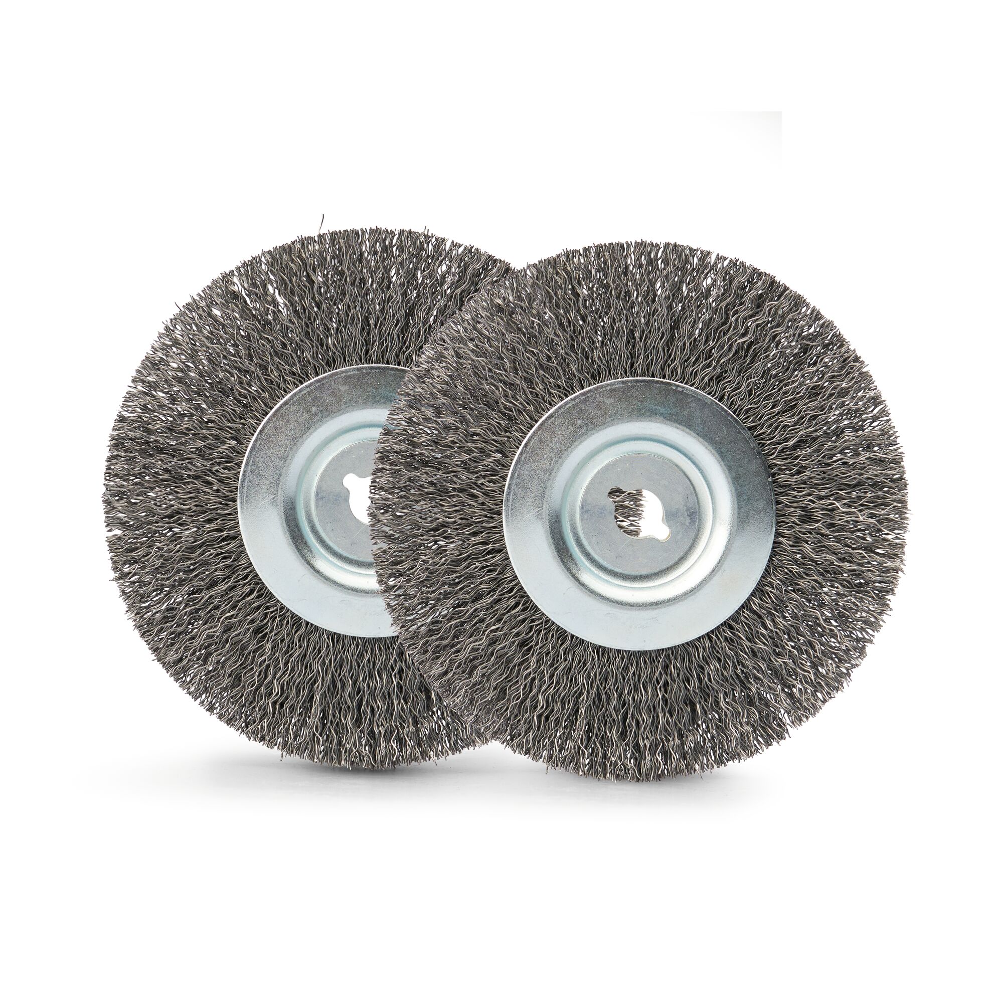 Two round wire wheel brushes with metal centers, positioned side by side, used for cleaning, deburring, and surface preparation.
