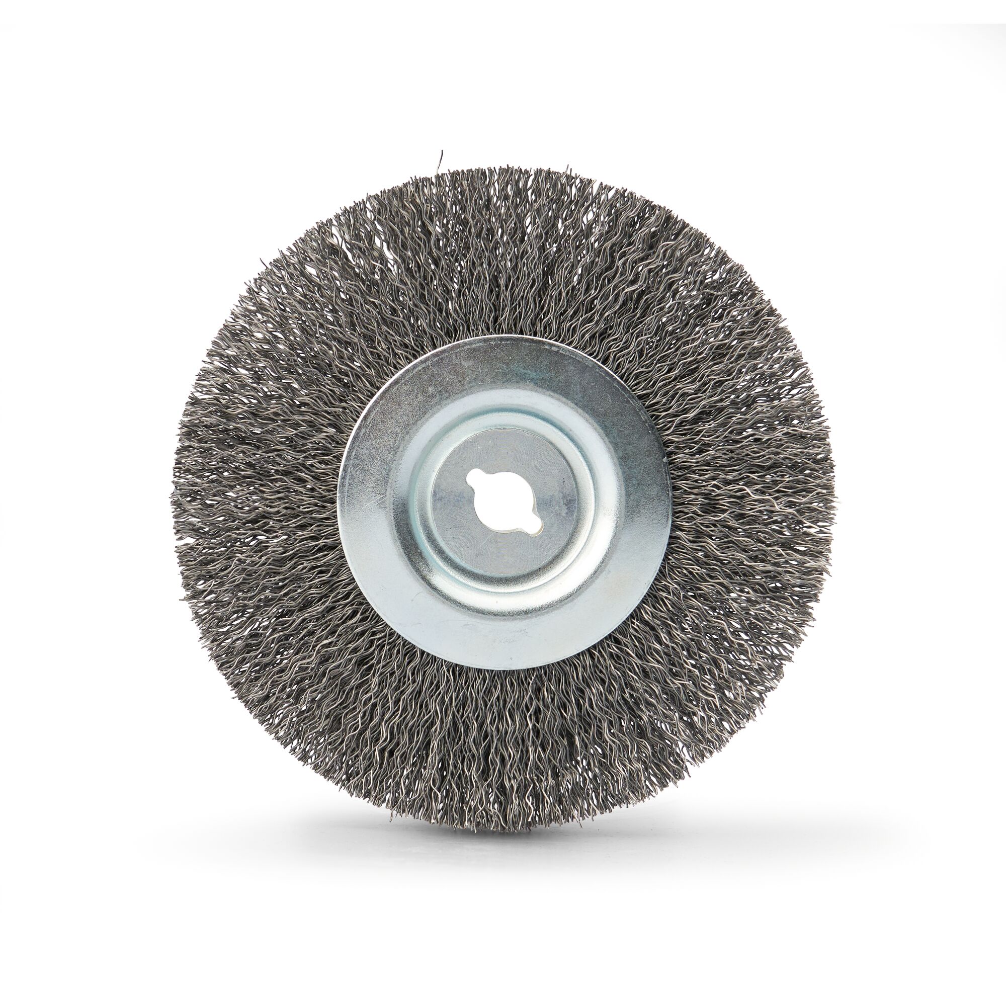 A round metal wire brush wheel with a central mounting hole, used for cleaning or polishing surfaces.