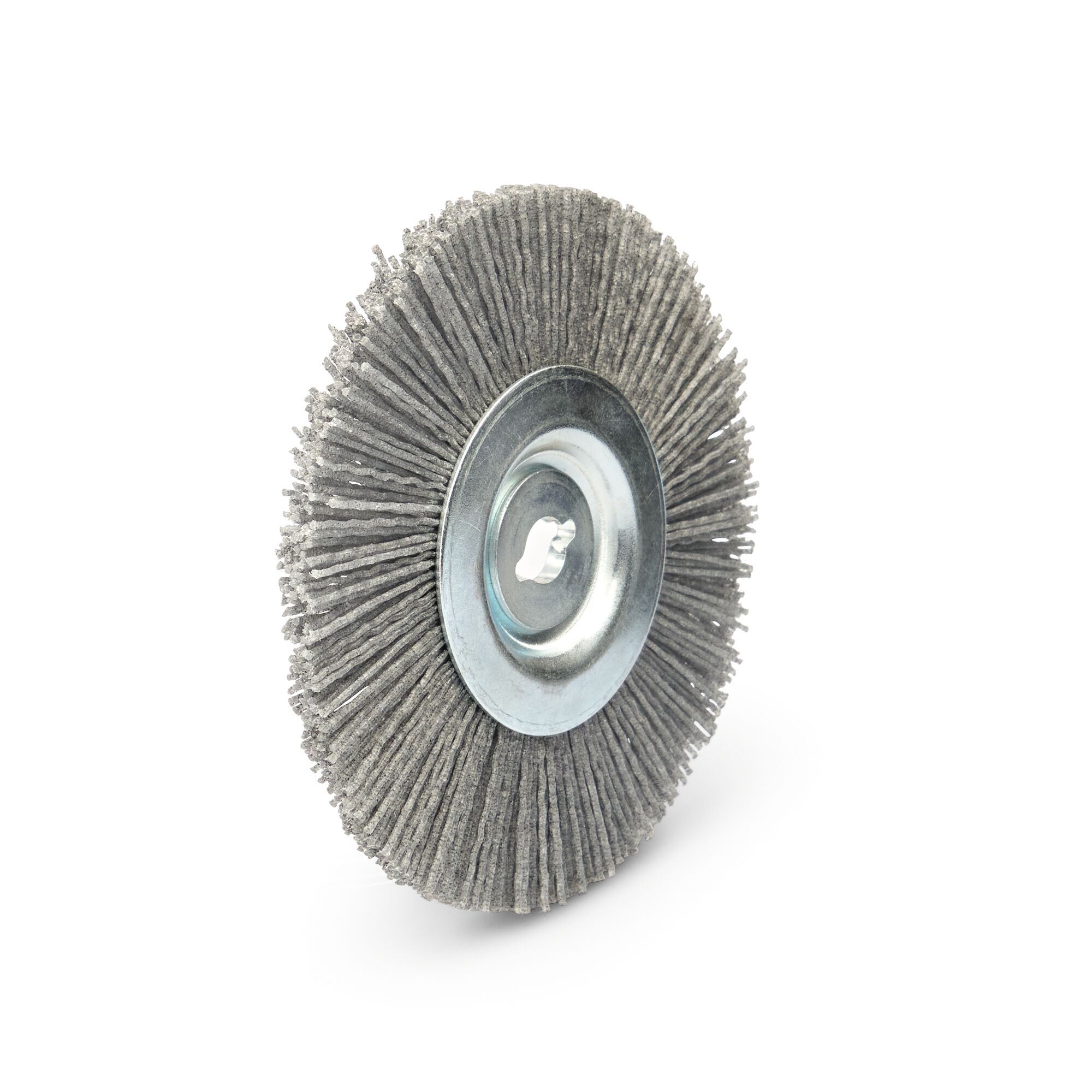 A close-up image of a circular wire brush with a metal center and bristles arranged in a radial pattern, used as an attachment for power tools.