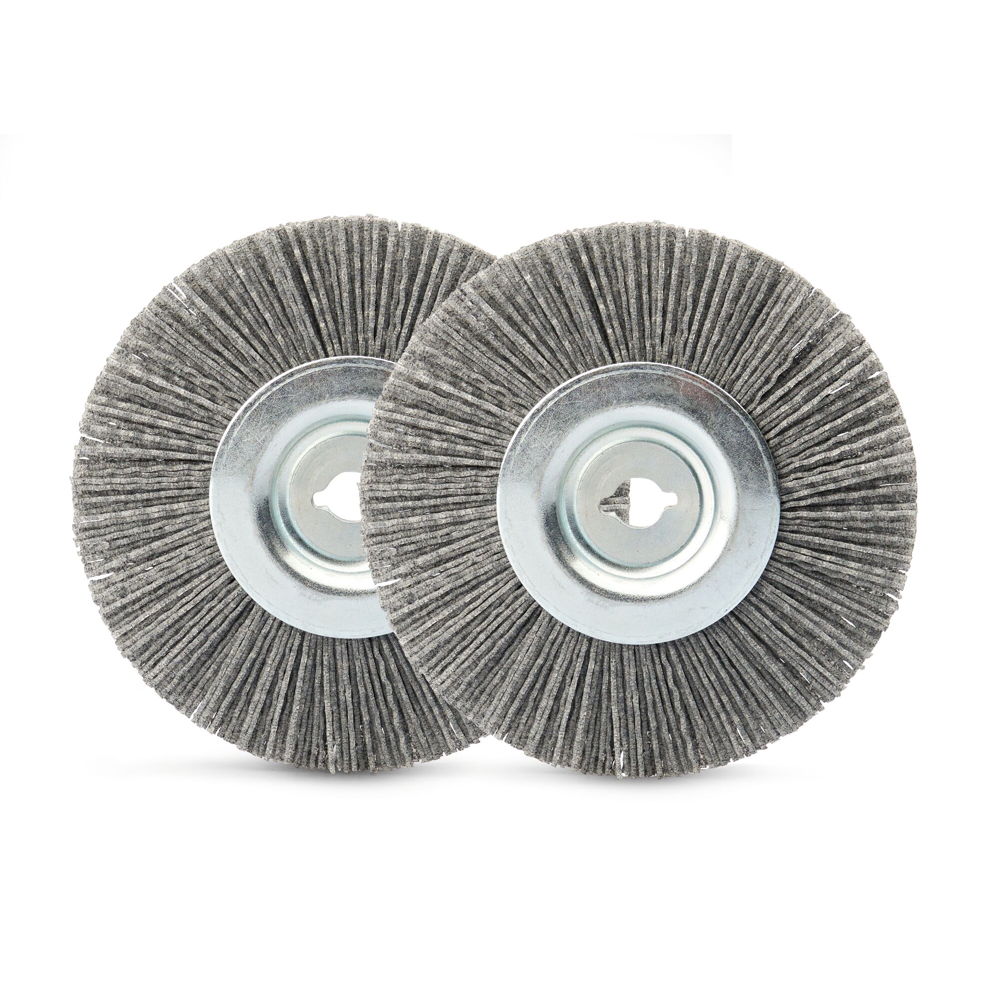 Two grey circular abrasive wheel brushes with central metal mounts displayed on a white background.