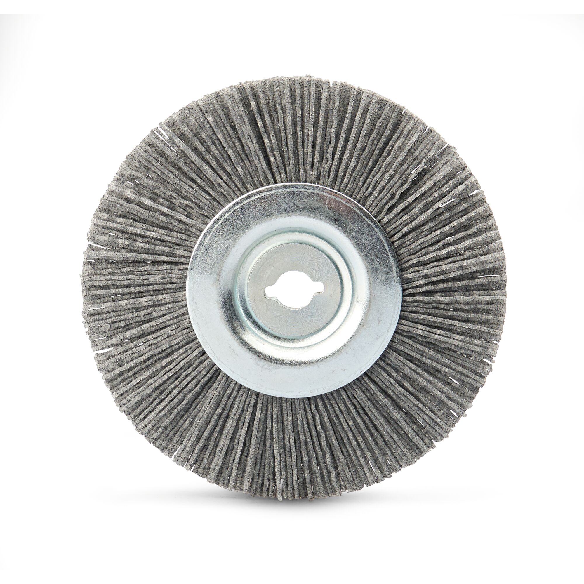 A close-up image of a round abrasive brush with radial bristles and a metal center, commonly used for polishing or grinding in workshops.