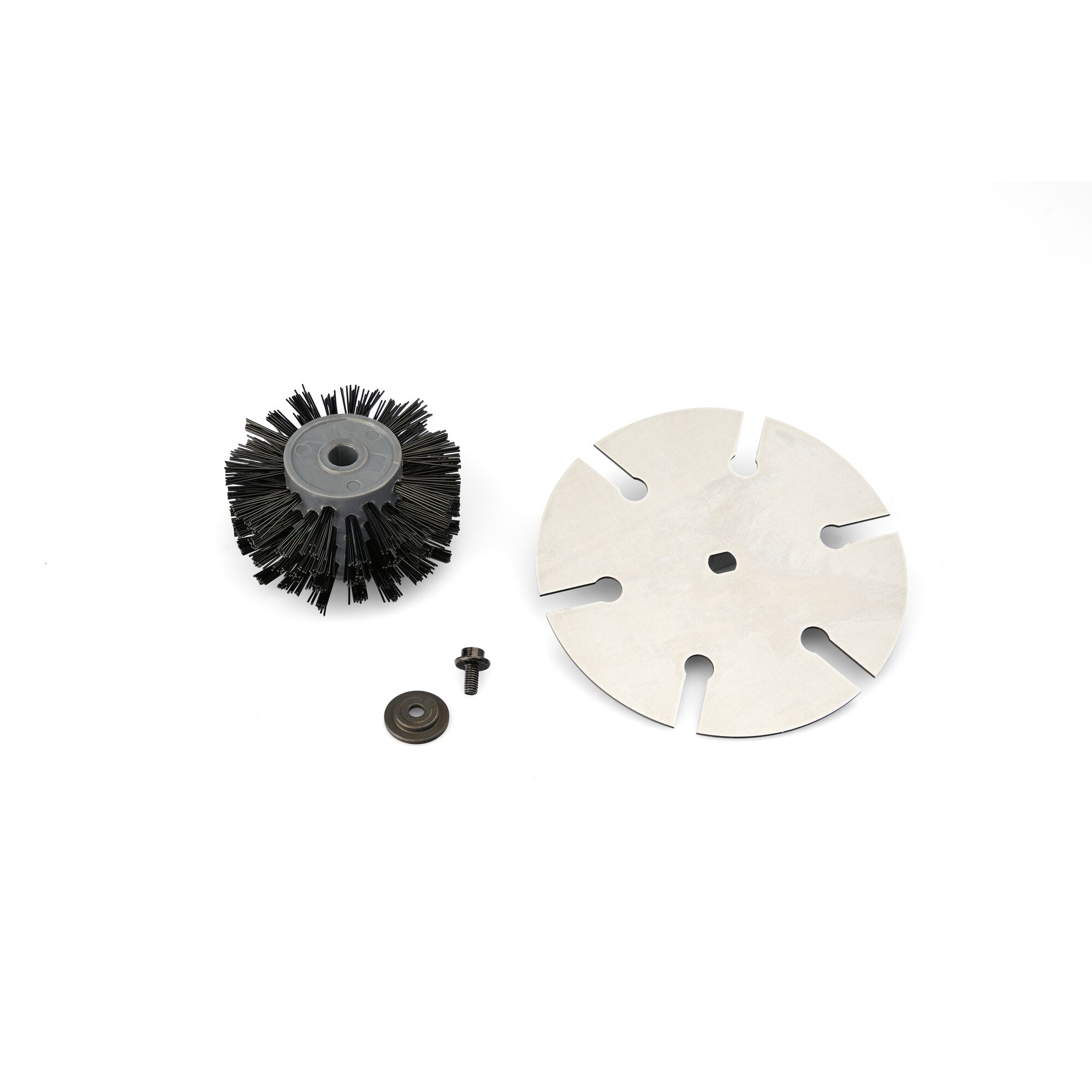 A set of replacement parts including a round brush, a metal disc with cutouts, a small washer, and a screw, displayed on a white background.