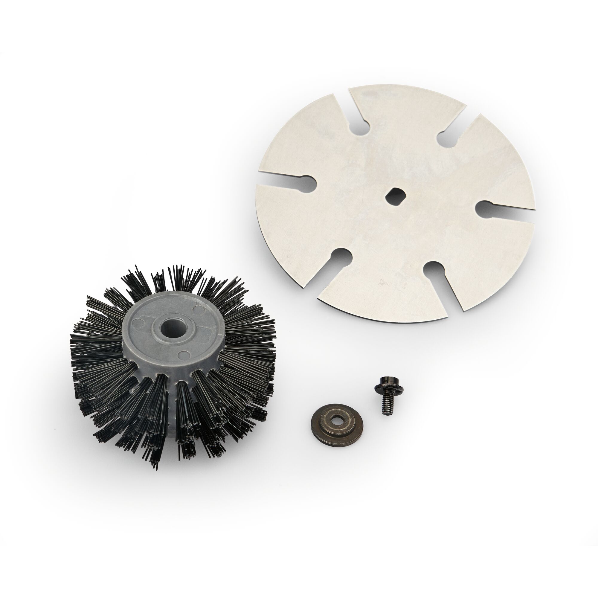 A set of garden tool replacement parts including a circular metal blade, a cylindrical brush with stiff bristles, a washer, and a screw, displayed on a white background.