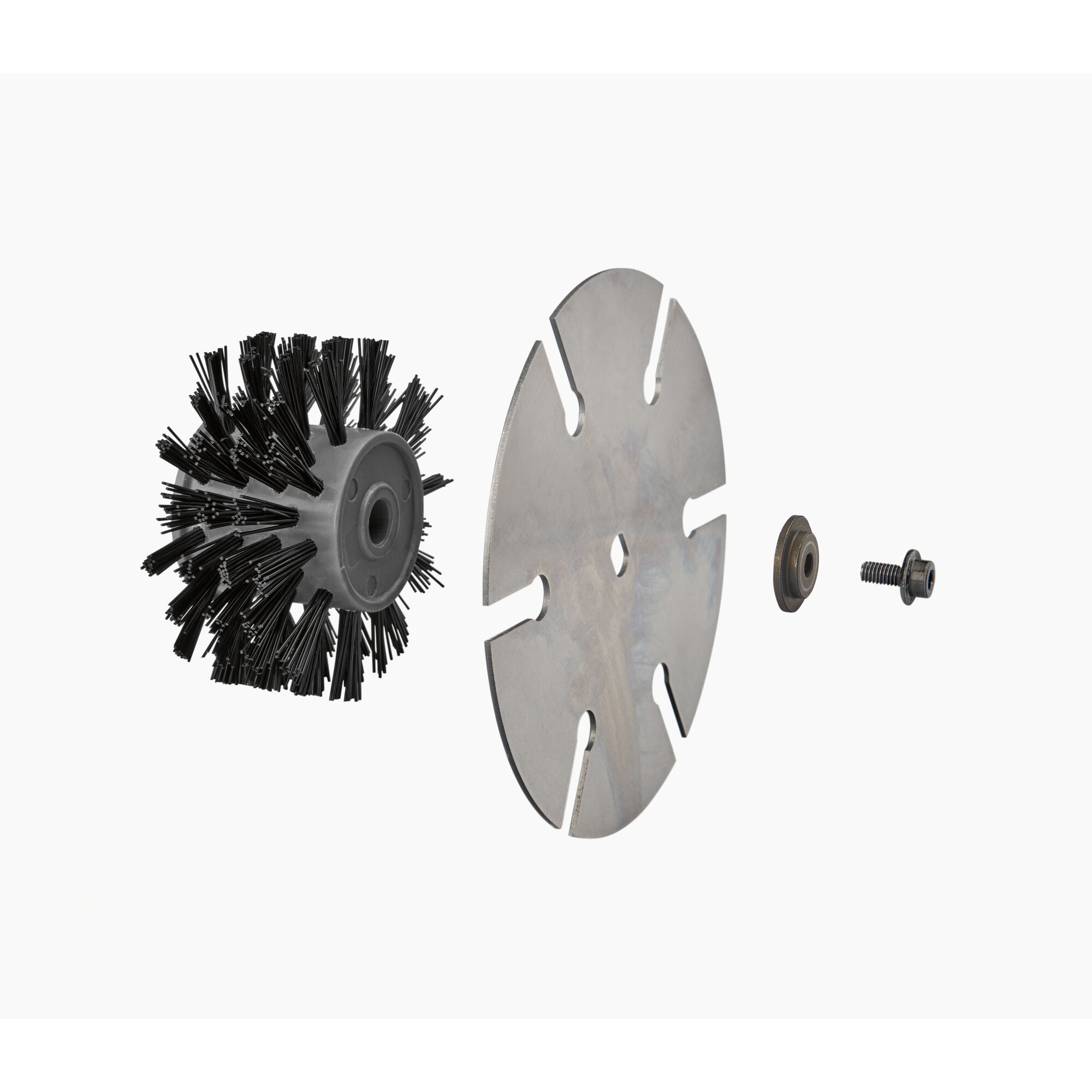 An image showing an exploded view of a garden tool accessory kit, including a cylindrical brush with stiff black bristles, a round metal blade with slots, a washer, and a screw.
