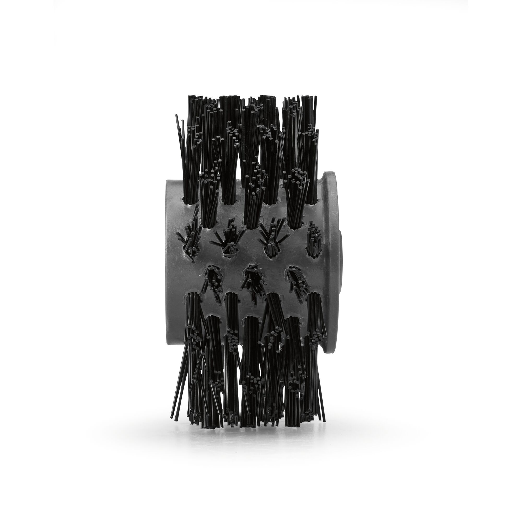A cylindrical black brush head with stiff bristles, photographed against a white background. The brush head is designed for cleaning tasks and features multiple clusters of bristles around its surface.