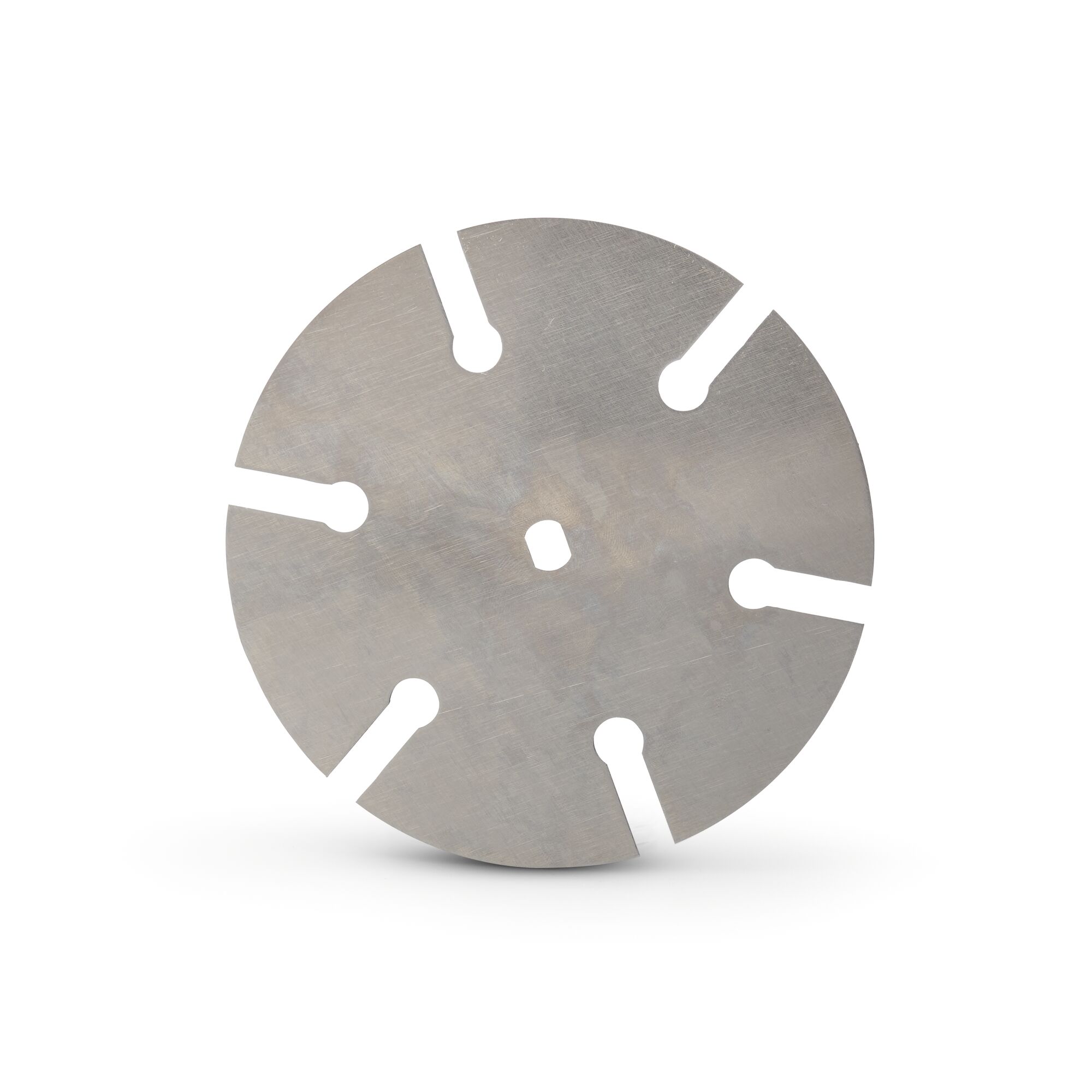 A round metal disc with six evenly spaced slots radiating from the center, photographed on a white background.