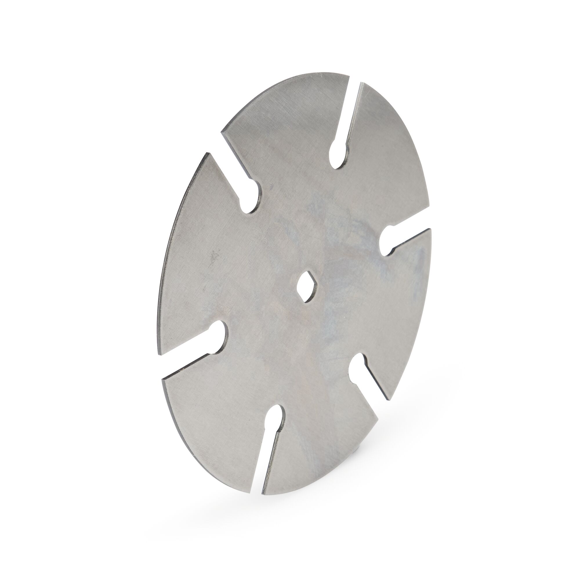 Round metal disc with six evenly spaced slots and a central hole, photographed against a white background.