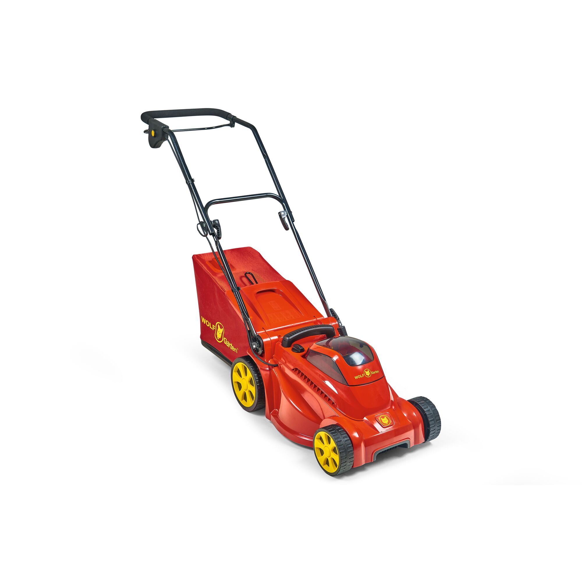 Red and yellow electric lawn mower with a grass collection box, branded WOLF-Garten, designed for garden lawn maintenance.