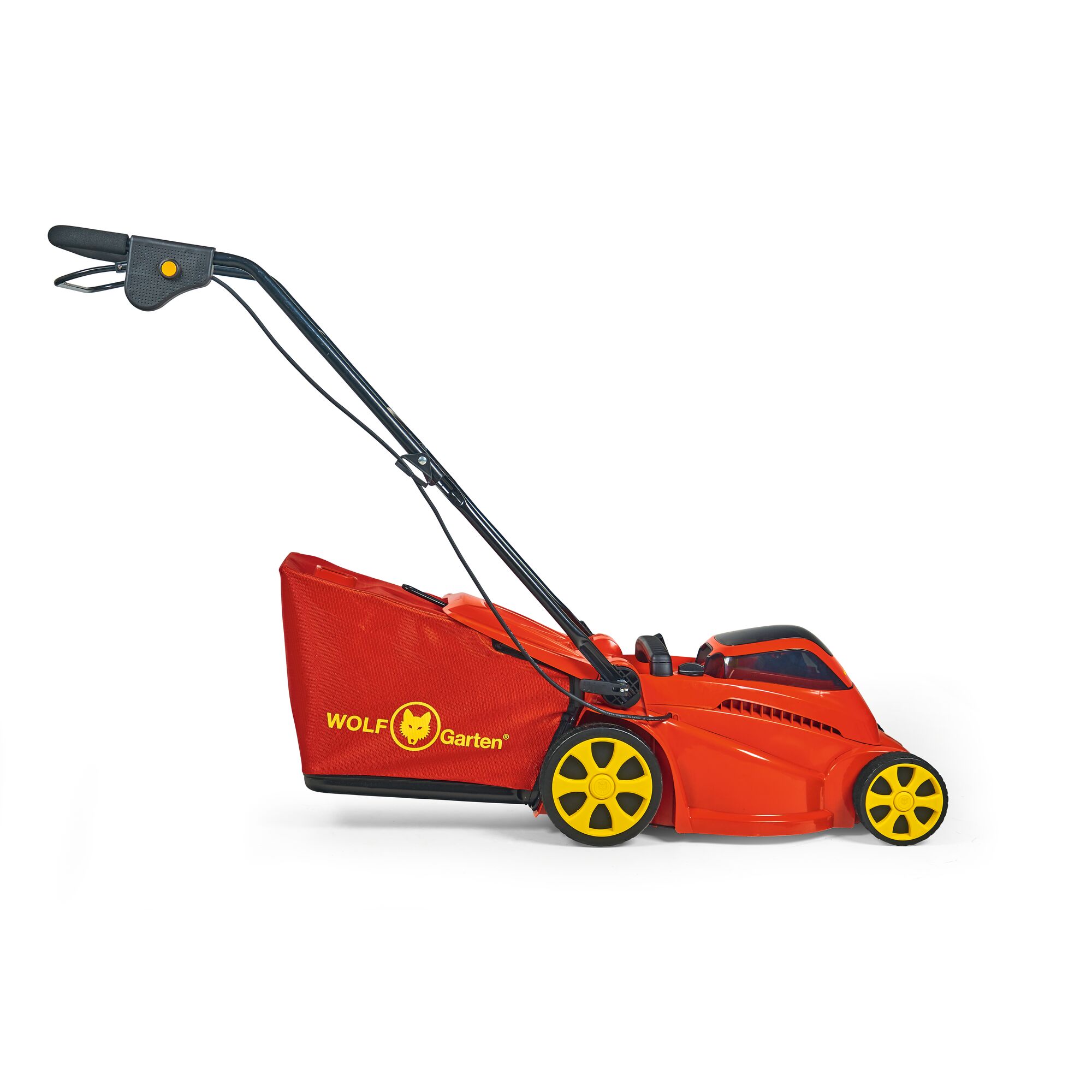 A red and yellow electric lawn mower with a black handle, featuring the WOLF-Garten logo on the grass collection bag. The mower is shown from the side on a white background.