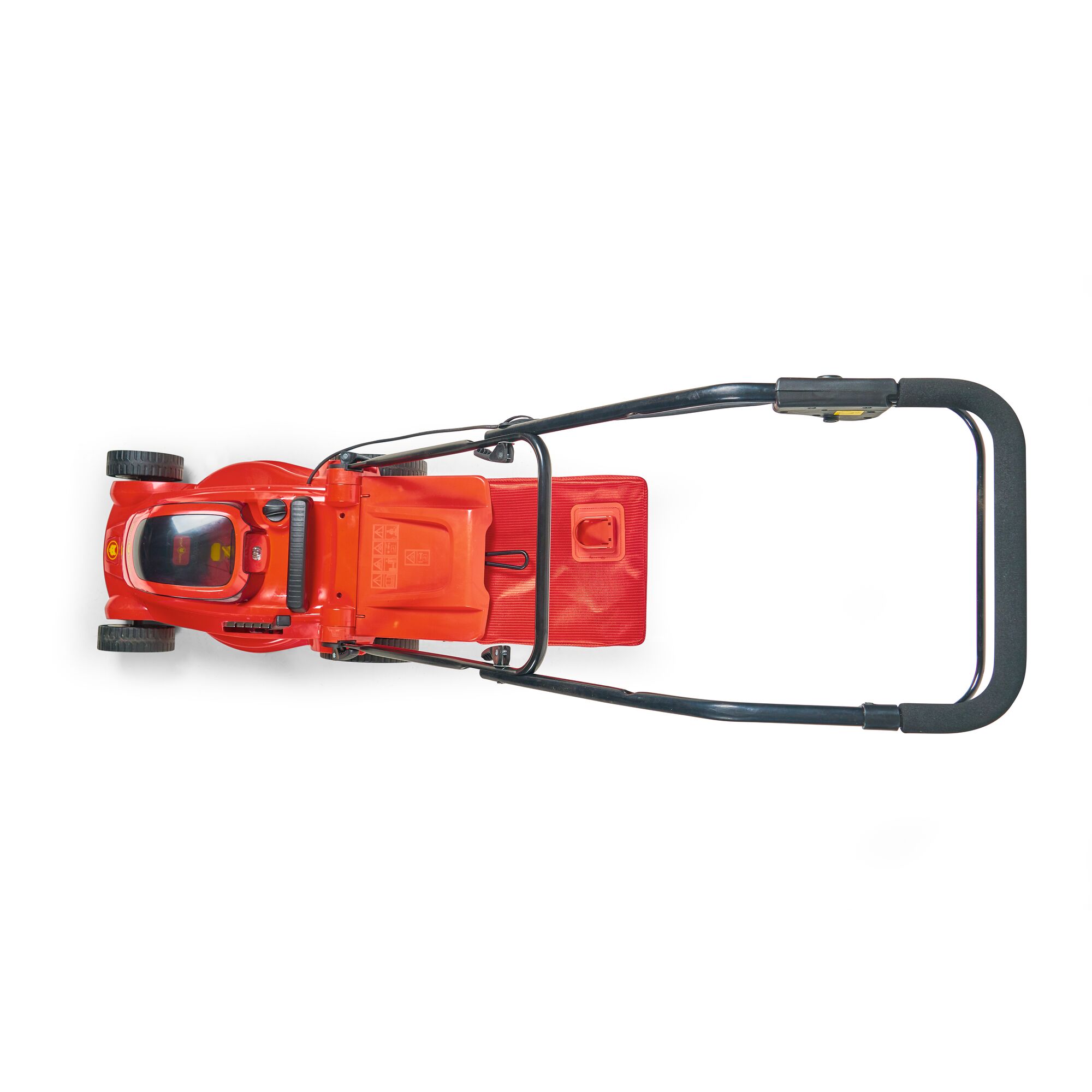 Top view of a red lawn mower with a black handlebar and four wheels, shown against a white background.