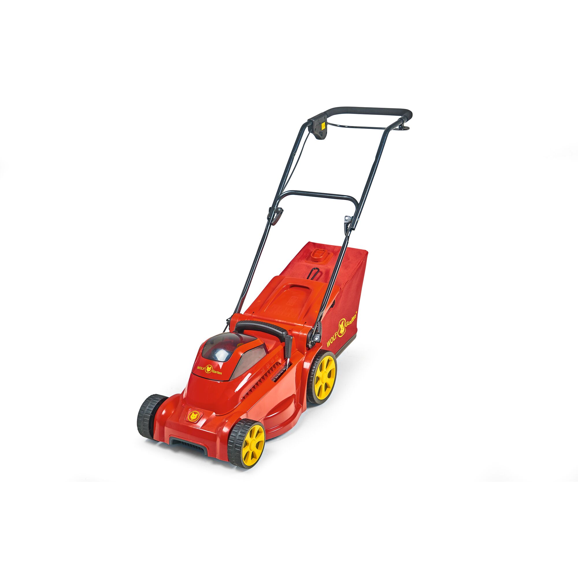 A red and yellow lawn mower with a black handle and grass collection box, branded WOLFGarten, positioned against a white background.