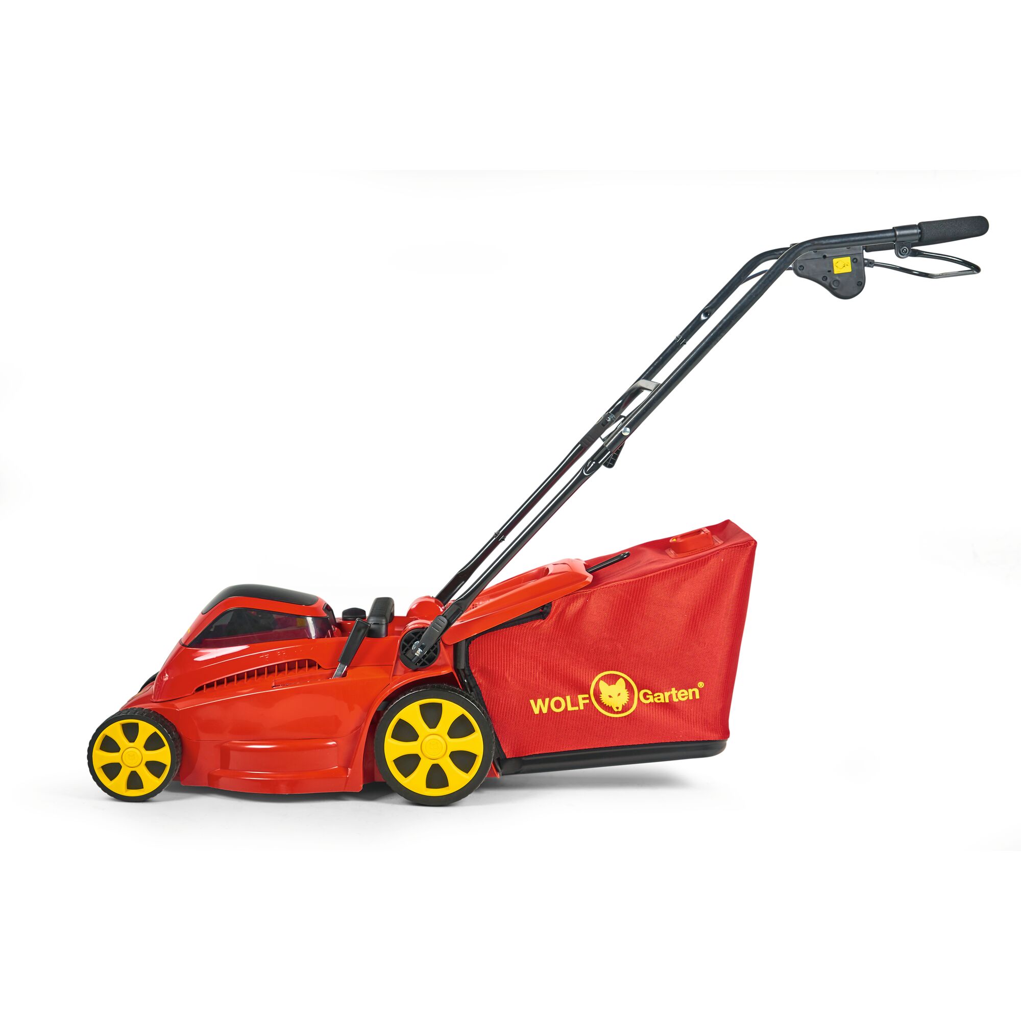 A red and yellow lawn mower with a grass collection bag, featuring the WOLF Garten logo, shown on a white background.