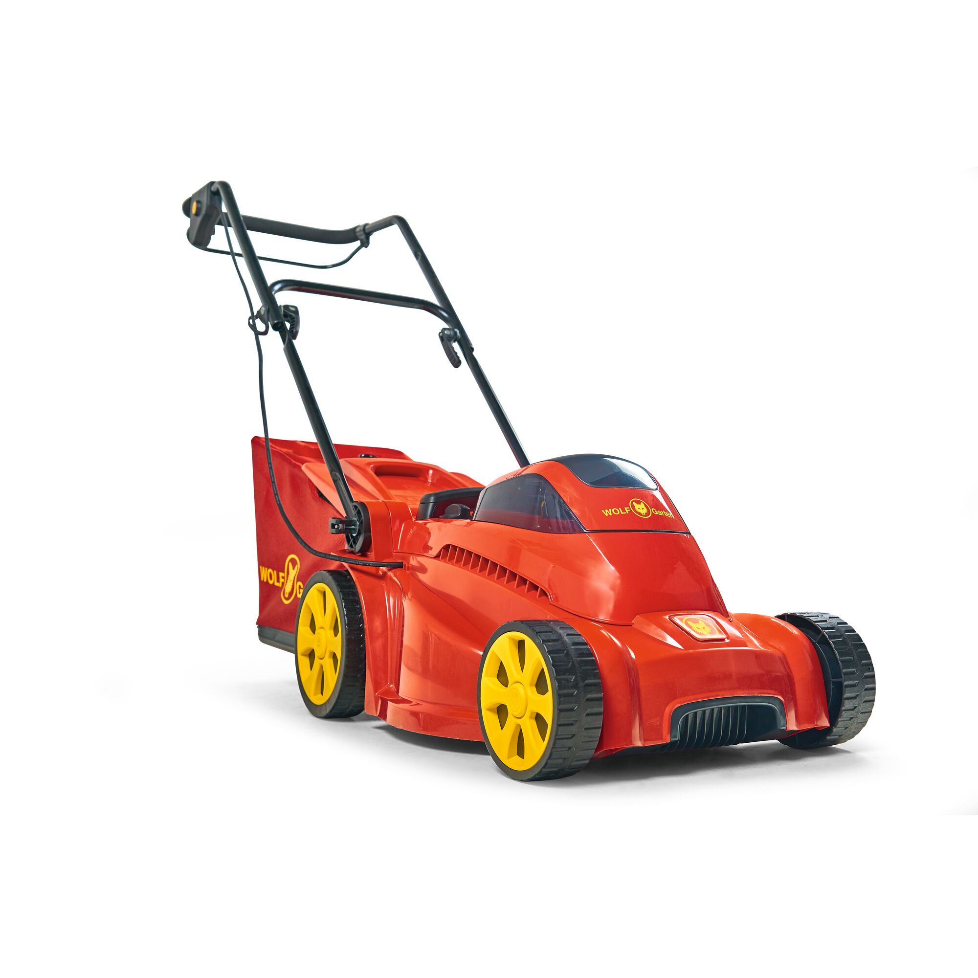 A red and yellow electric lawn mower with a grass collection box, branded WOLF-Garten, photographed against a white background.