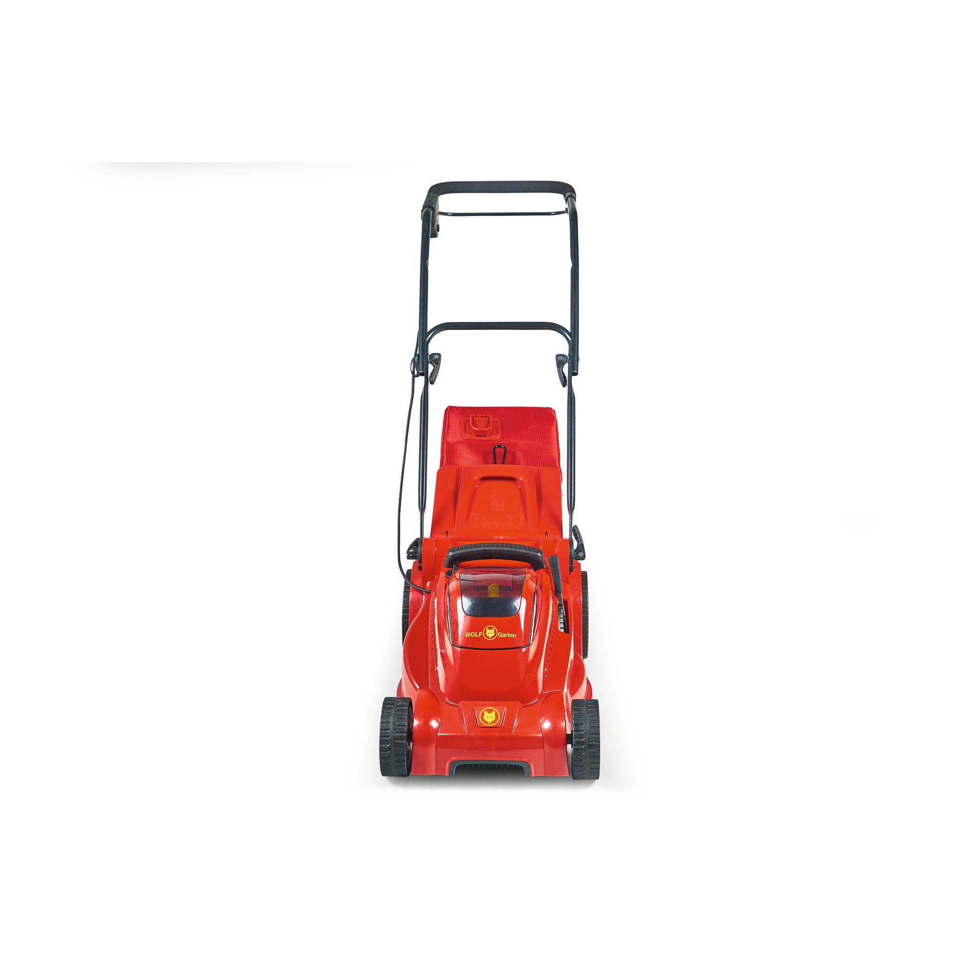 A red WOLFGarten lawn mower photographed from the front, showing its handle, wheels, and grass collection box. The mower is placed against a white background.