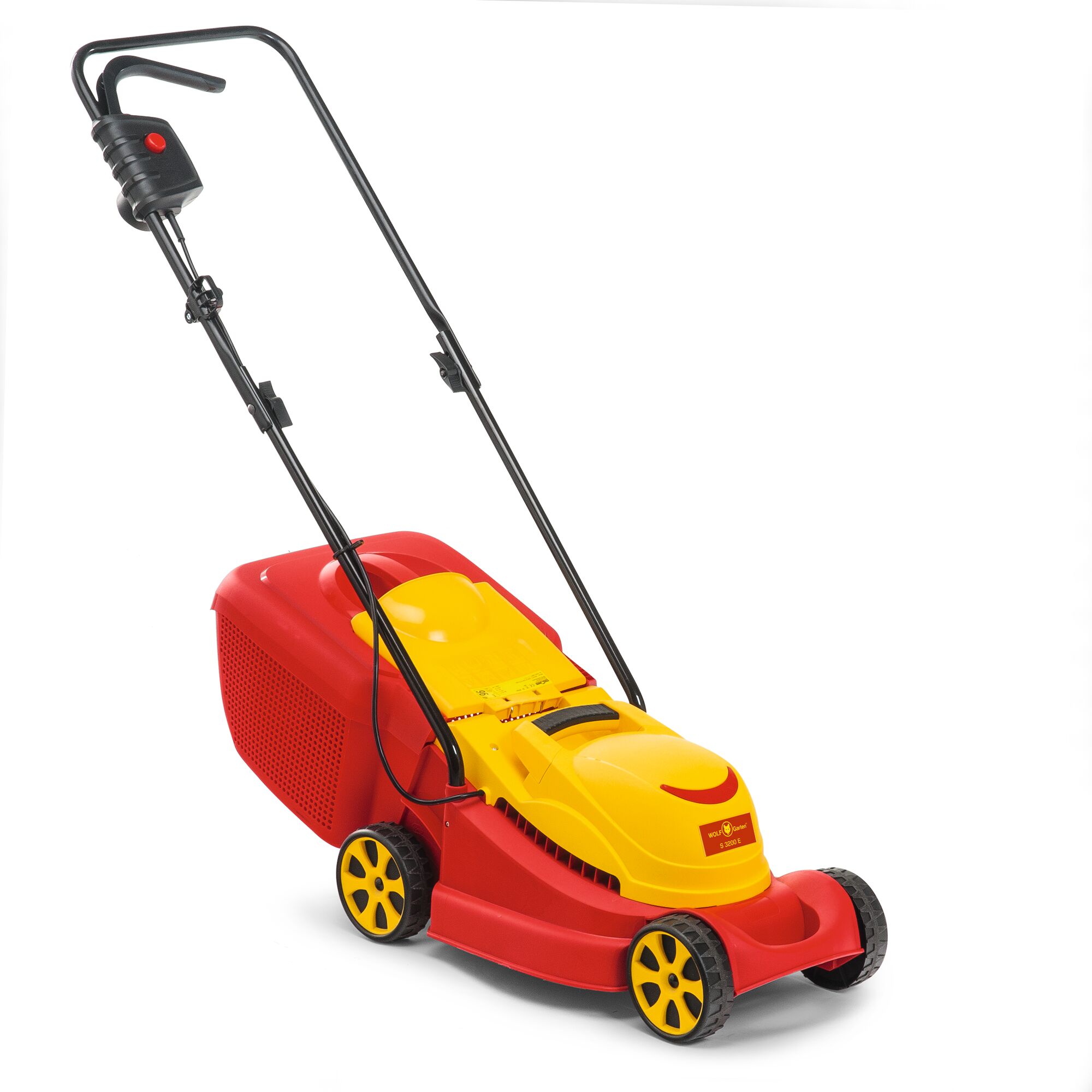 A WOLFGarten electric lawn mower in red and yellow with a grass collection box, suitable for home garden use.