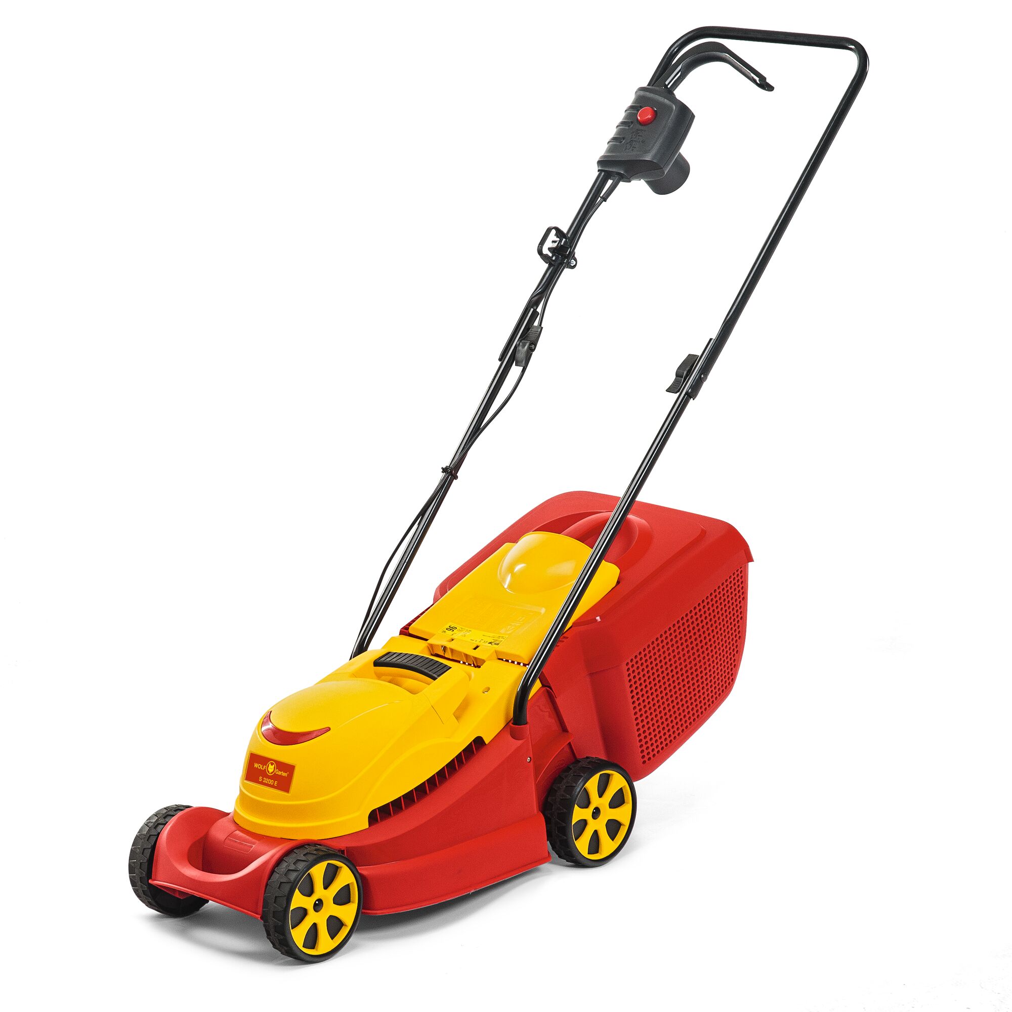 A yellow and red lawn mower with a large handle and grass collection box, shown on a white background.