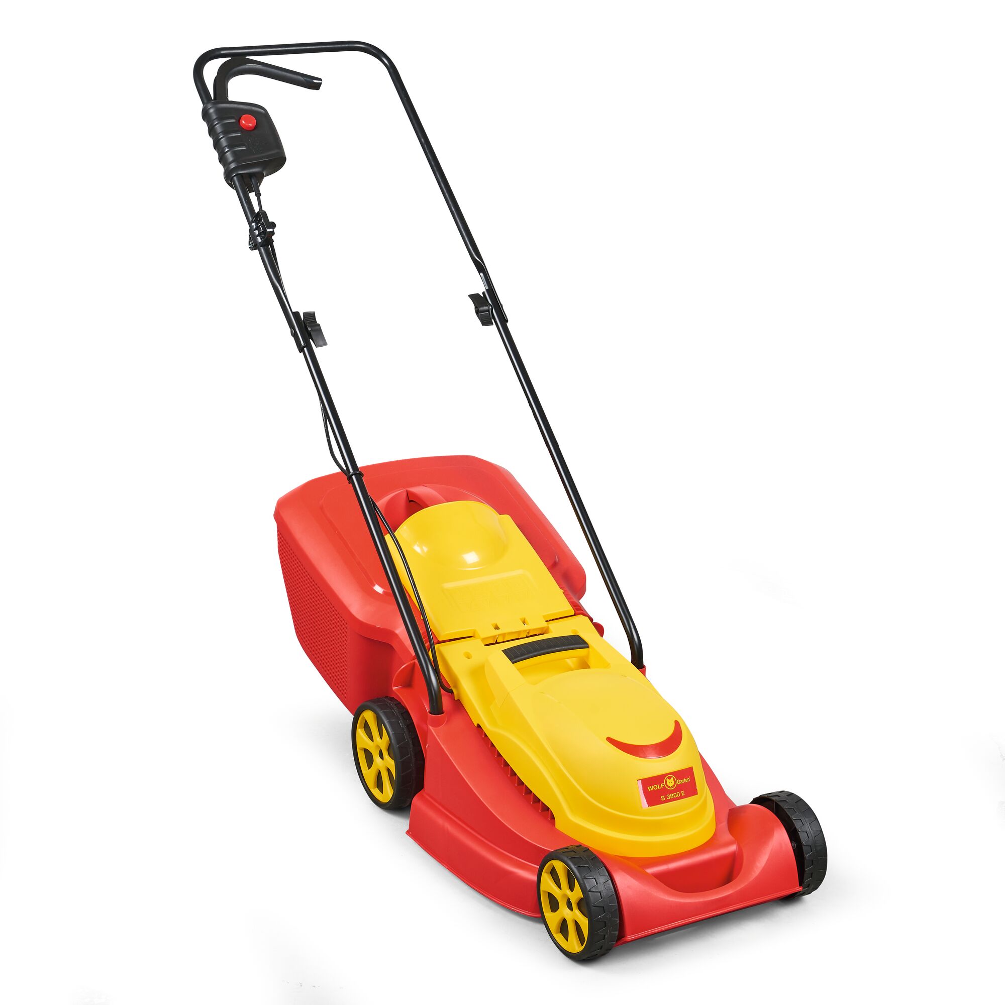 A WOLFGarten electric lawn mower in bright red and yellow with a black handle. The mower features four yellow wheels and a large red grass collection box at the back.