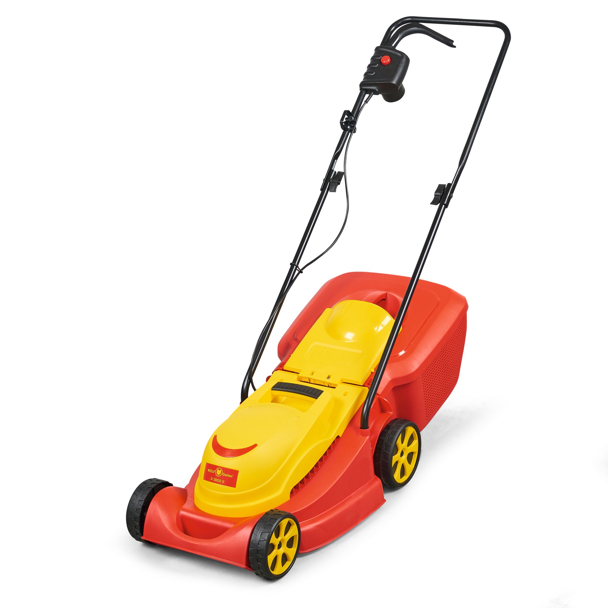 A red and yellow electric lawn mower with a black handle and four wheels, shown on a white background.