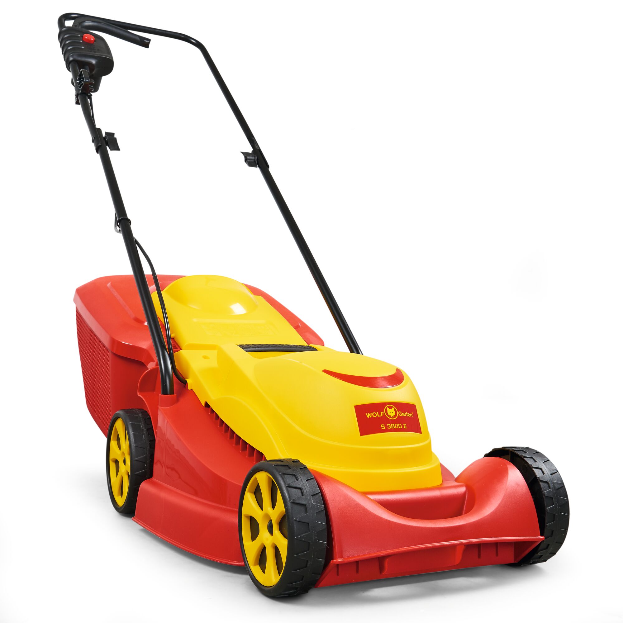 A brightly colored electric lawn mower with a yellow and red body, designed by WOLFGarten. It has four black and yellow wheels and a rear grass collection box.