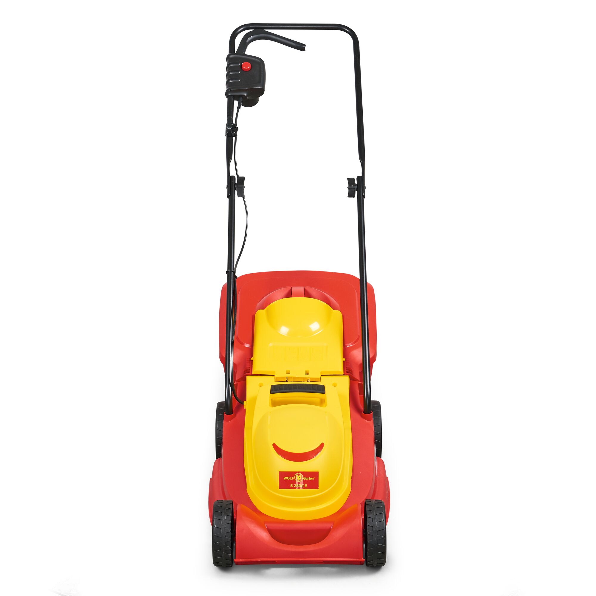 Front view of a red and yellow electric lawn mower with a black handle, shown against a white background.