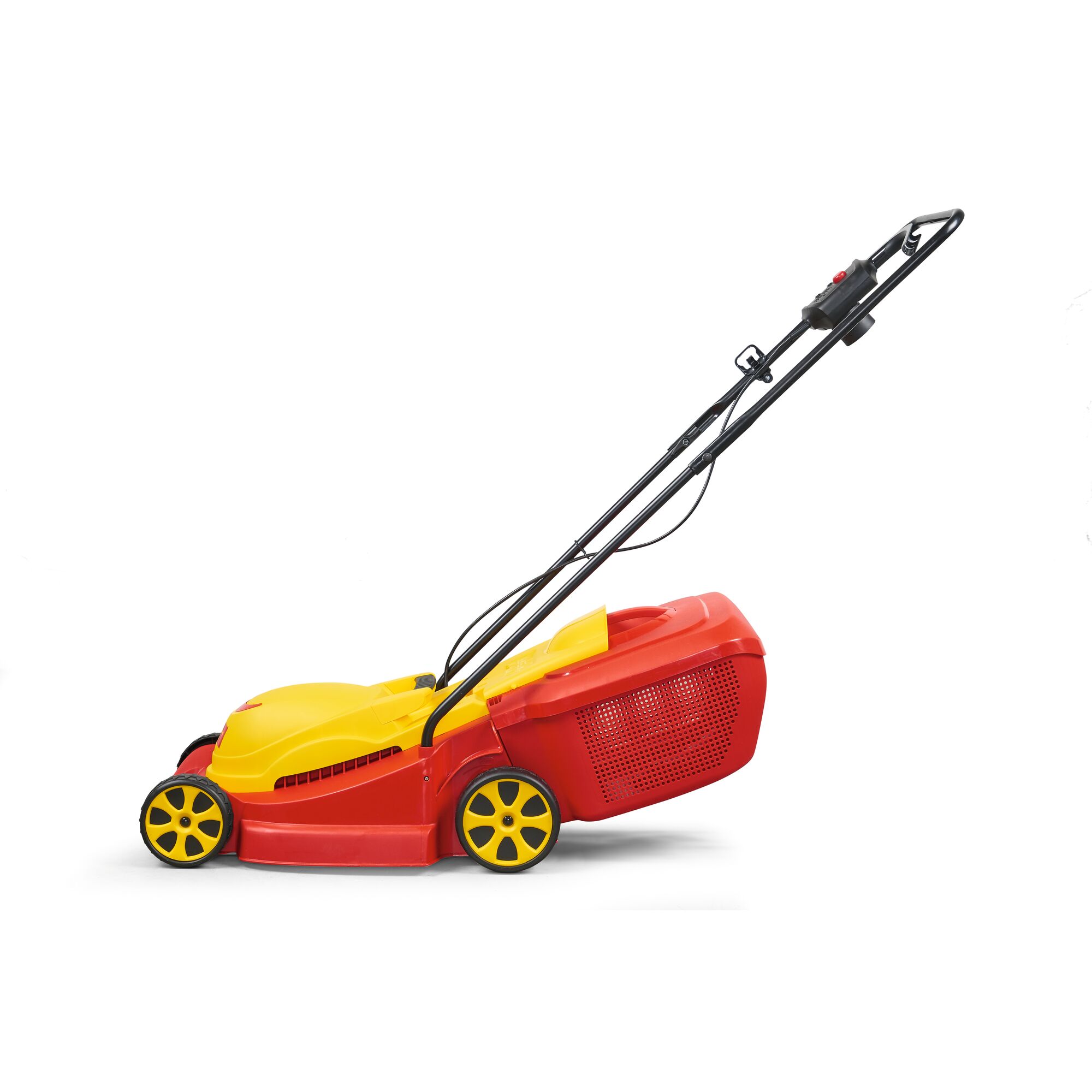 A side view of a red and yellow electric lawn mower with a black handle and a grass collection box.