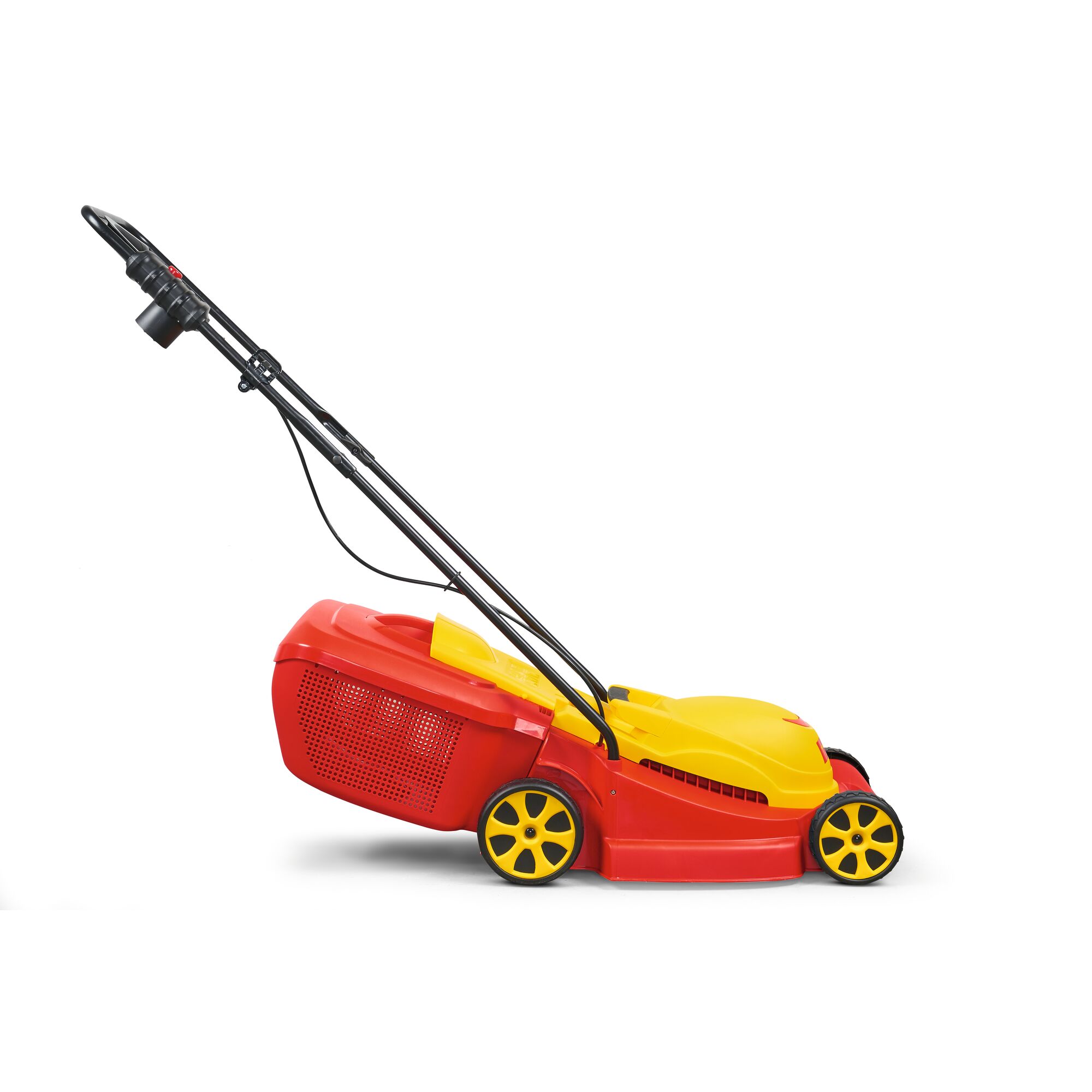 Side view of a red and yellow electric lawn mower with a black handle and wheels, placed on a white background.
