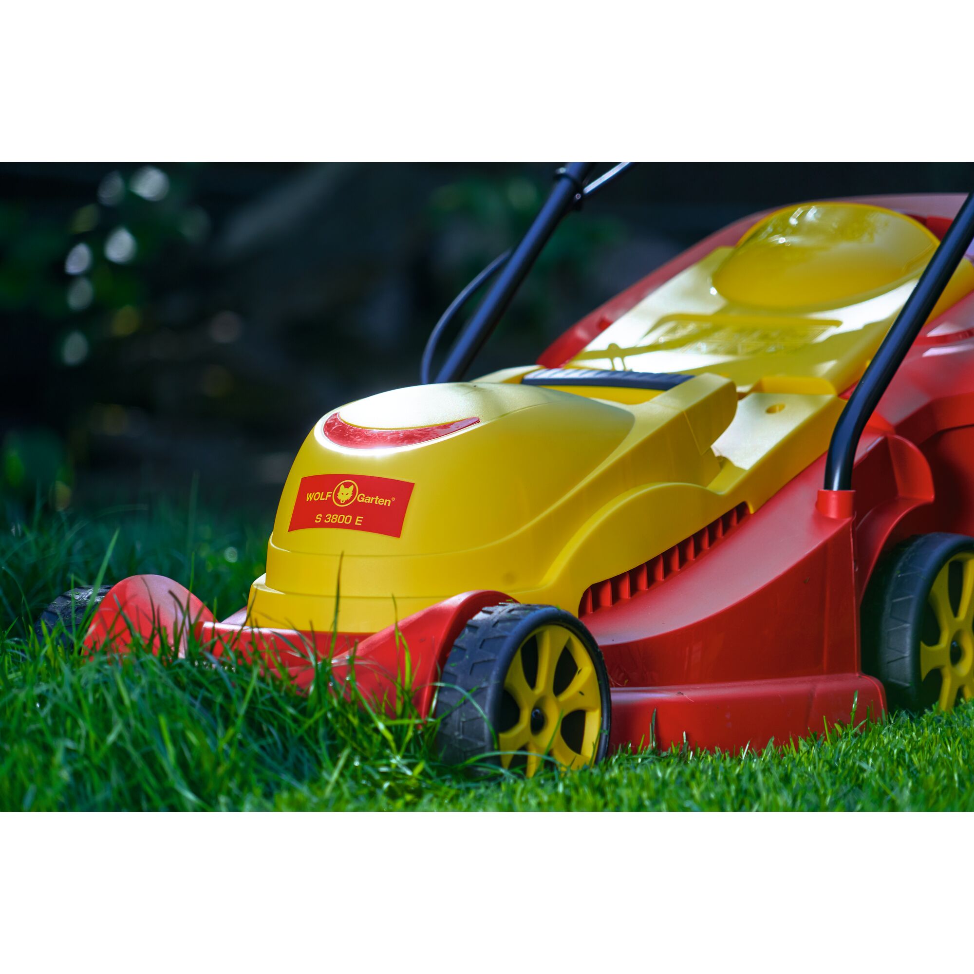 A close-up view of a WOLFGarten S 3800 E electric lawn mower, showing its yellow and red body, parked on green grass.